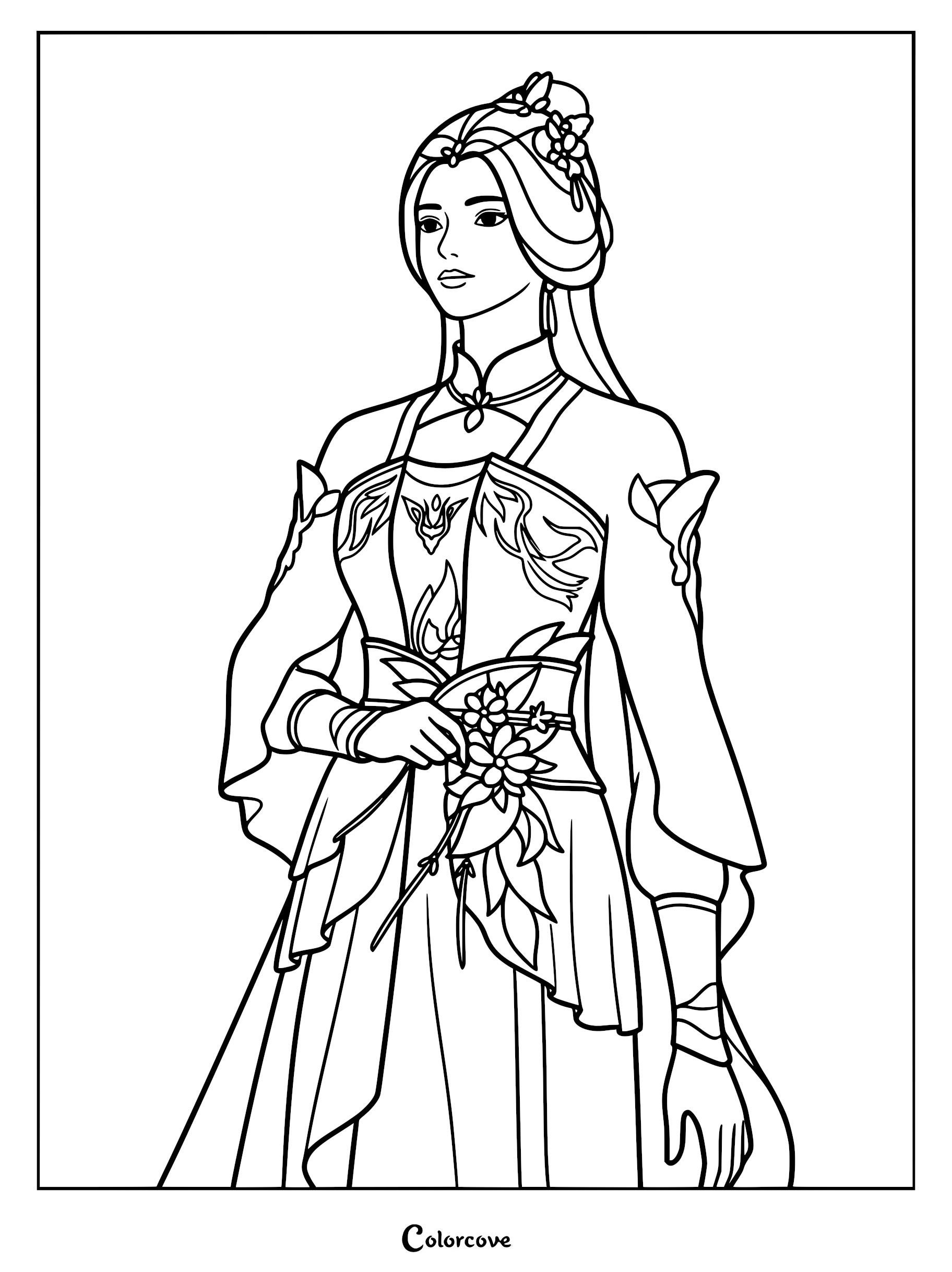 A detailed line art coloring page of Li Muwan from Renegade Immortal, featuring her in elegant traditional Hanfu robes with floral hair accessories and holding a sprig of blossoms.