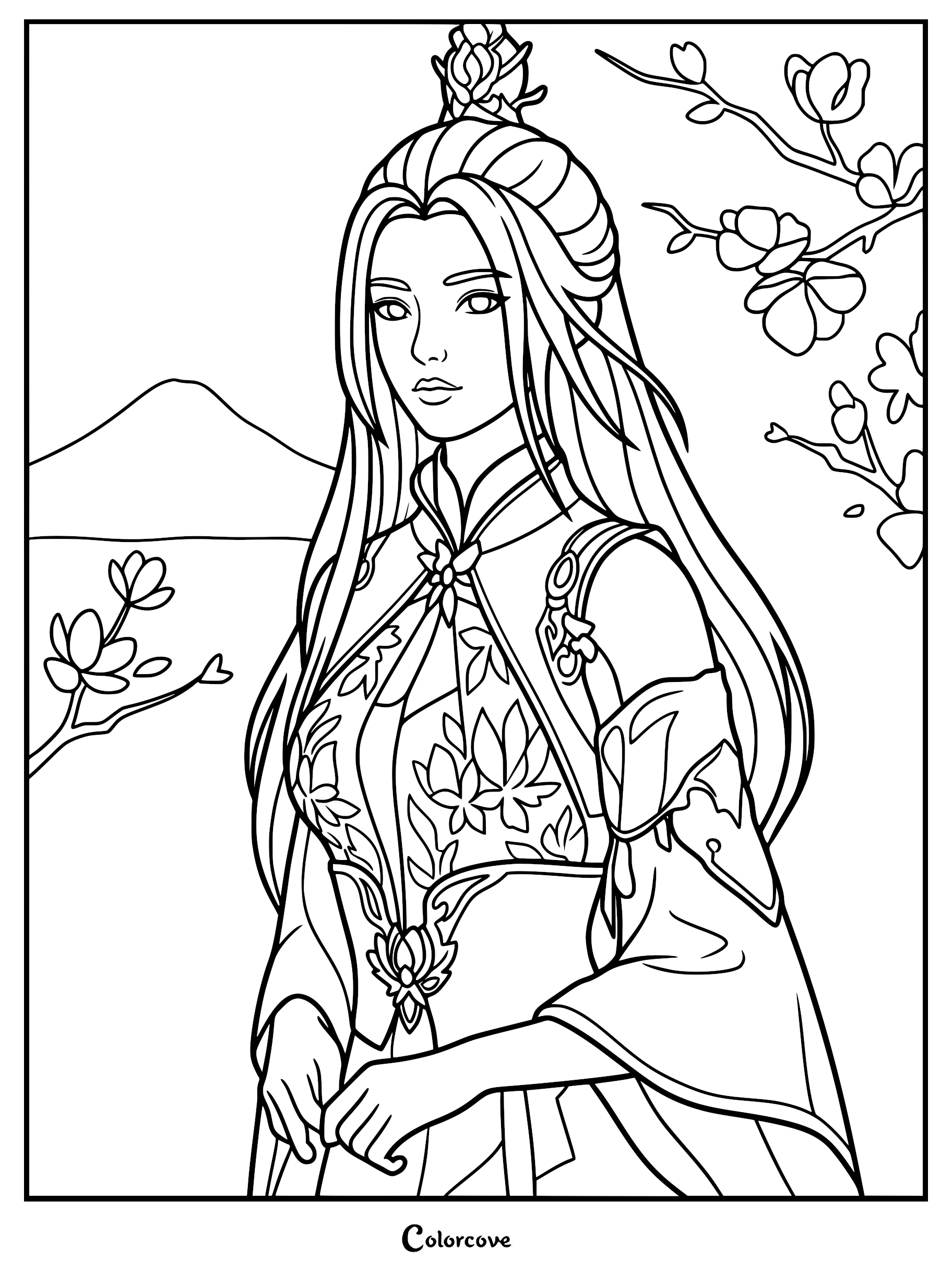 Detailed line art coloring page of Liu Mei from Renegade Immortal with floral patterns on her robes and a mountain background.