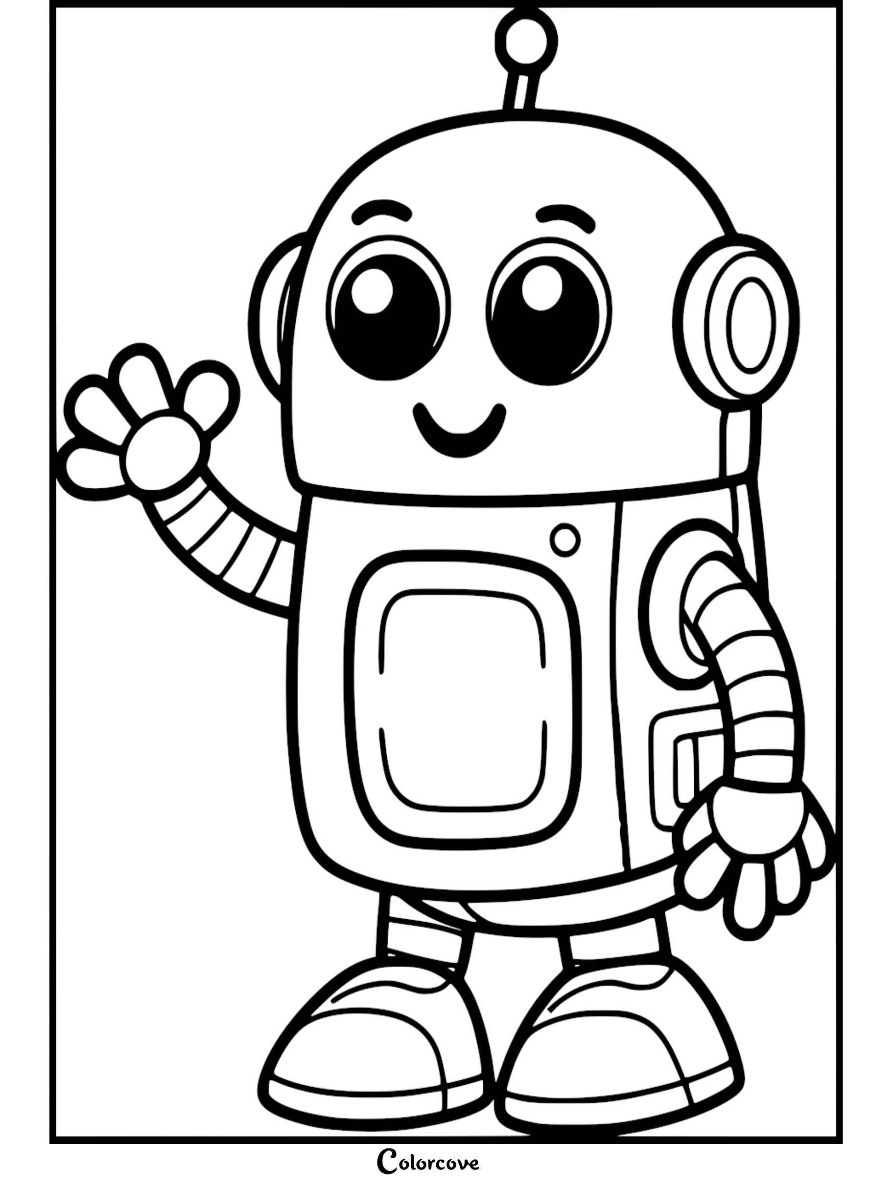 Cute cartoon robot coloring page for kids. Download and print to color this adorable robot. Visit colorcove.org for more.