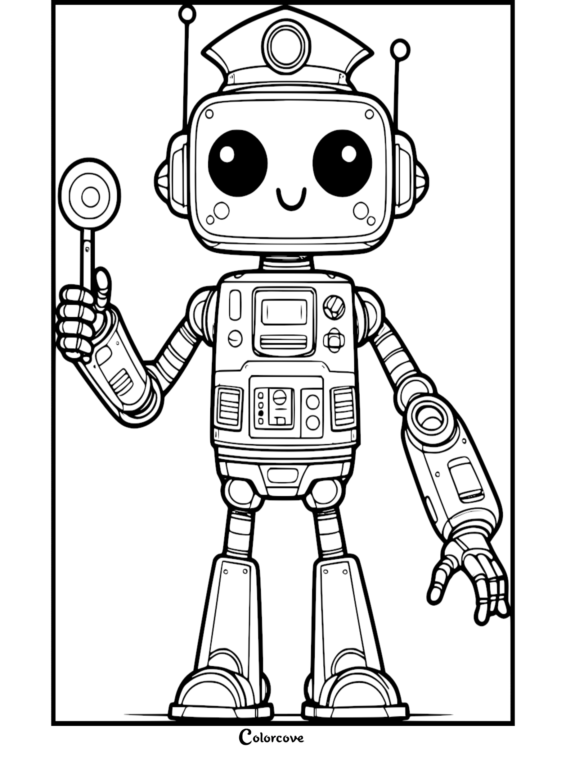 Cute robot coloring page with big eyes and antenna holding a magnifying glass, available at colorcove.org.