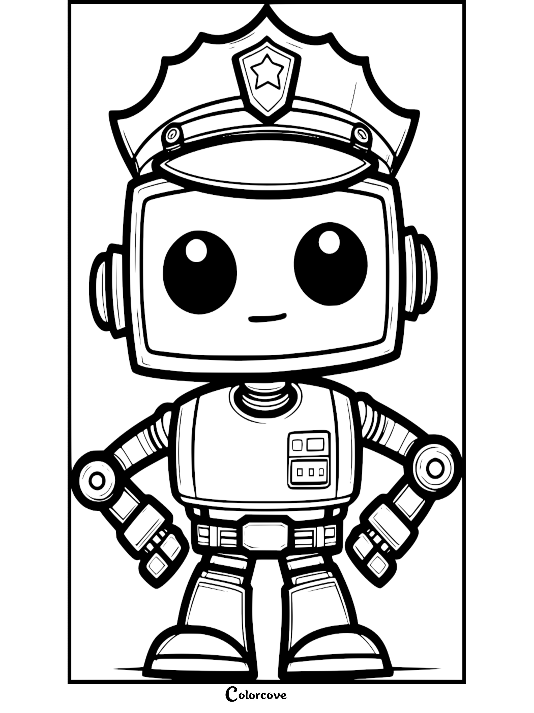 Coloring page of a cute robot wearing a police hat, available at colorcove.org for kids to color and enjoy.