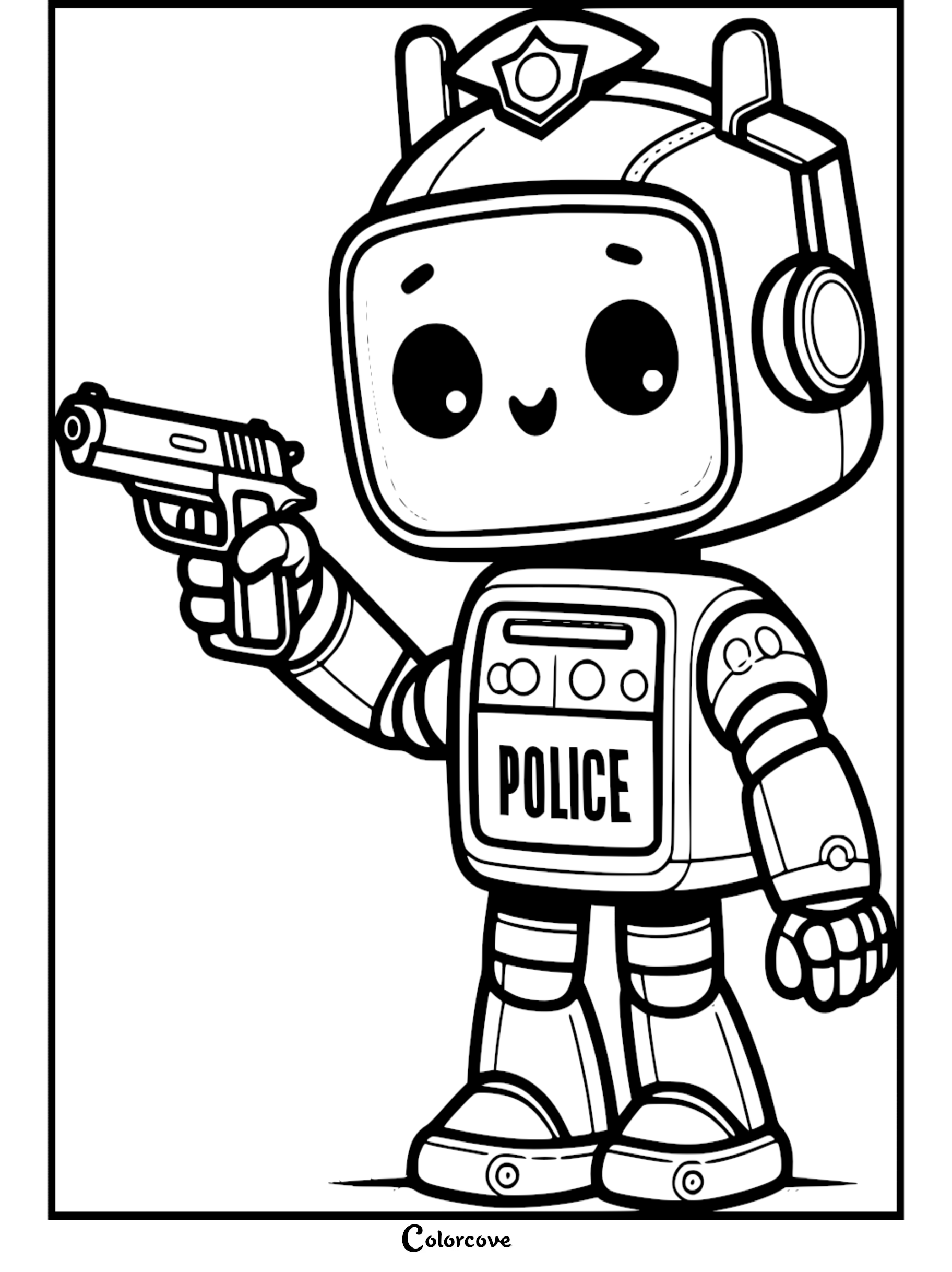 Coloring page of a cute police robot holding a gun, perfect for kids to color and explore imaginative law enforcement scenes.