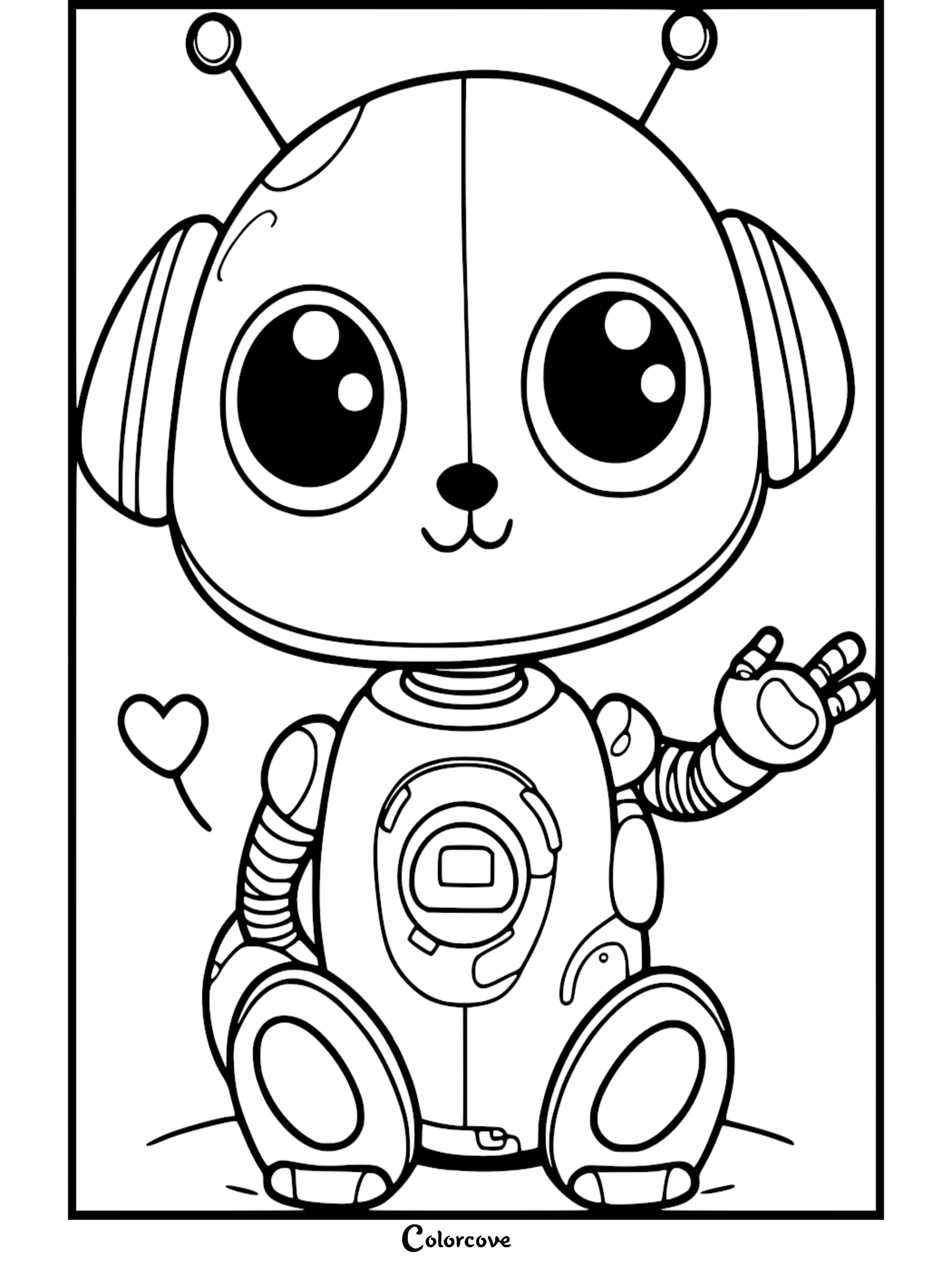 Cute robot coloring page with big eyes, antennas, and a heart. Perfect for kids and creativity. Download at colorcove.org.
