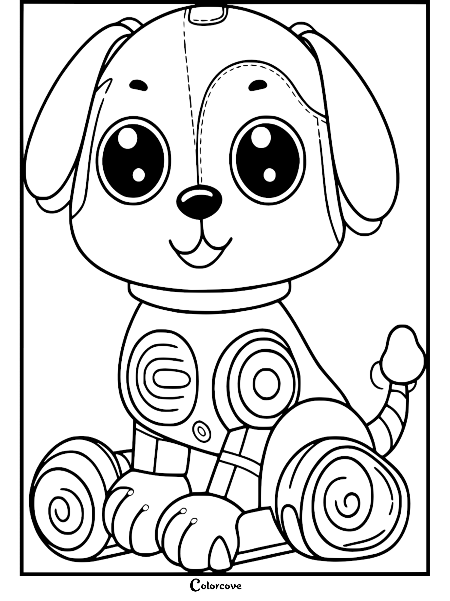 Cute puppy coloring page featuring a sitting dog with big eyes and intricate patterns, perfect for kids' creative fun.