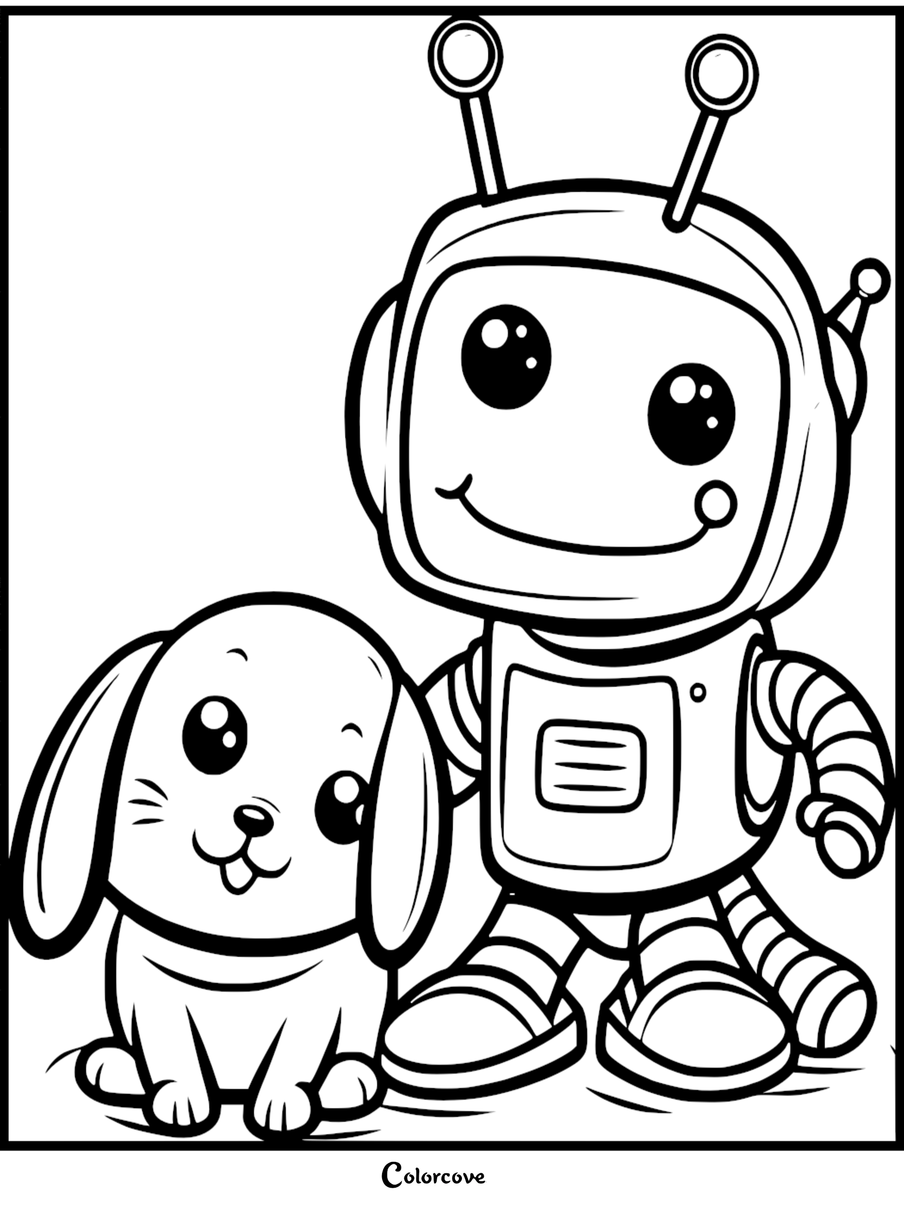 Robot and dog coloring page for kids – cute robot and puppy illustration to color. Perfect kids’ activity.