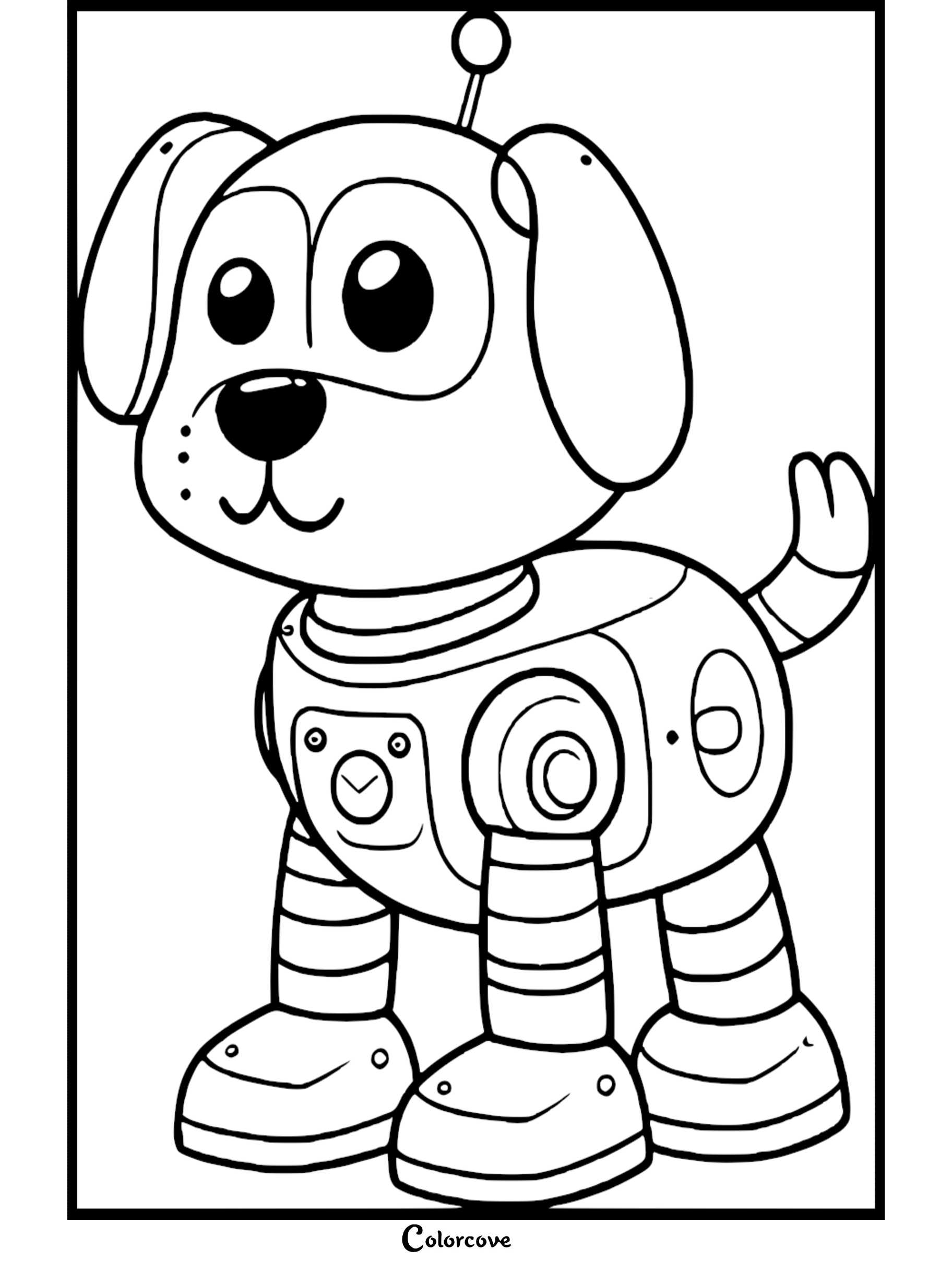 Cute robot dog coloring page for kids featuring an adorable robotic puppy with large eyes and antenna.