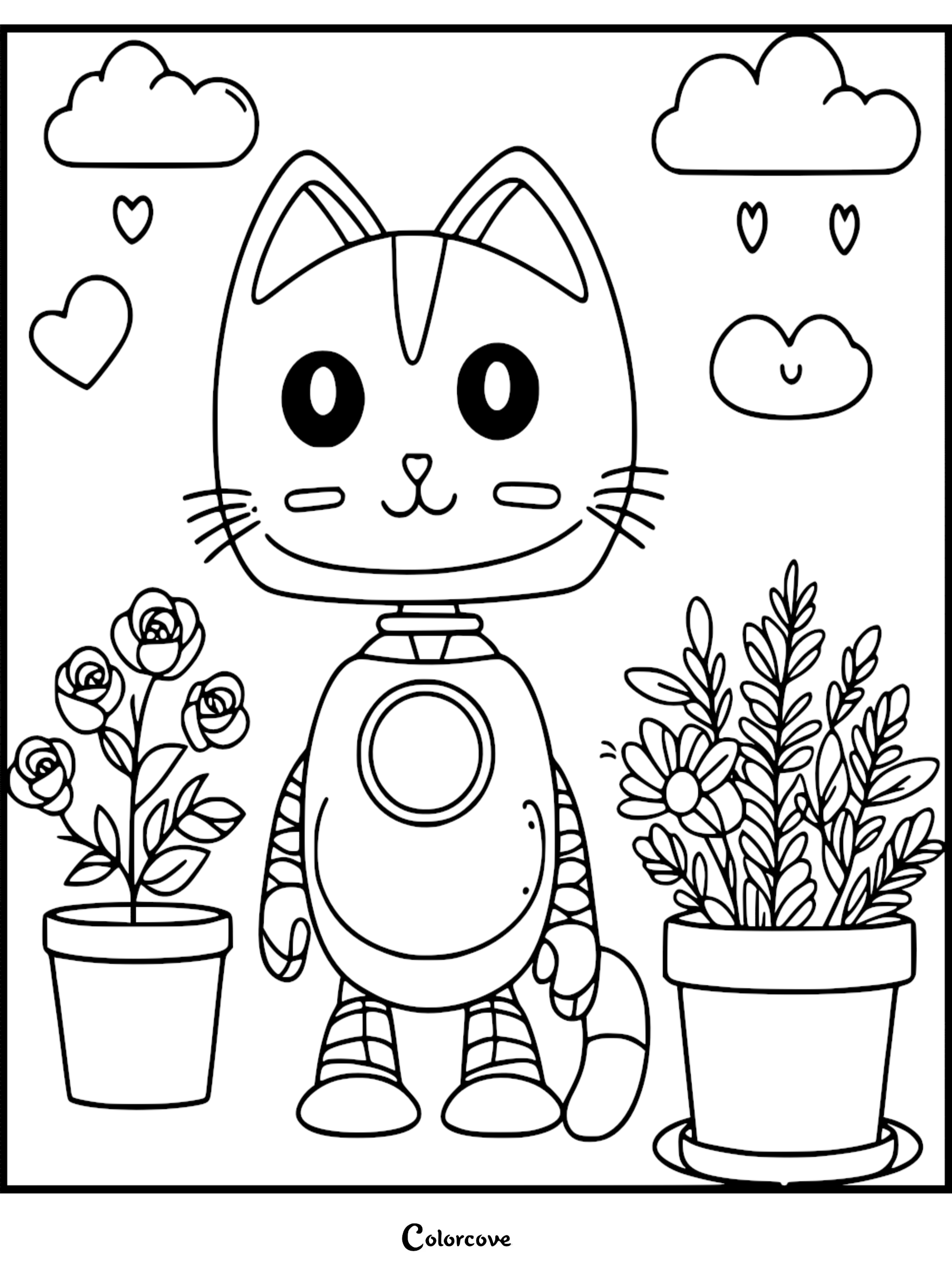 Cute cat astronaut coloring page with flowers, clouds, and hearts - perfect for kids' creative coloring time.