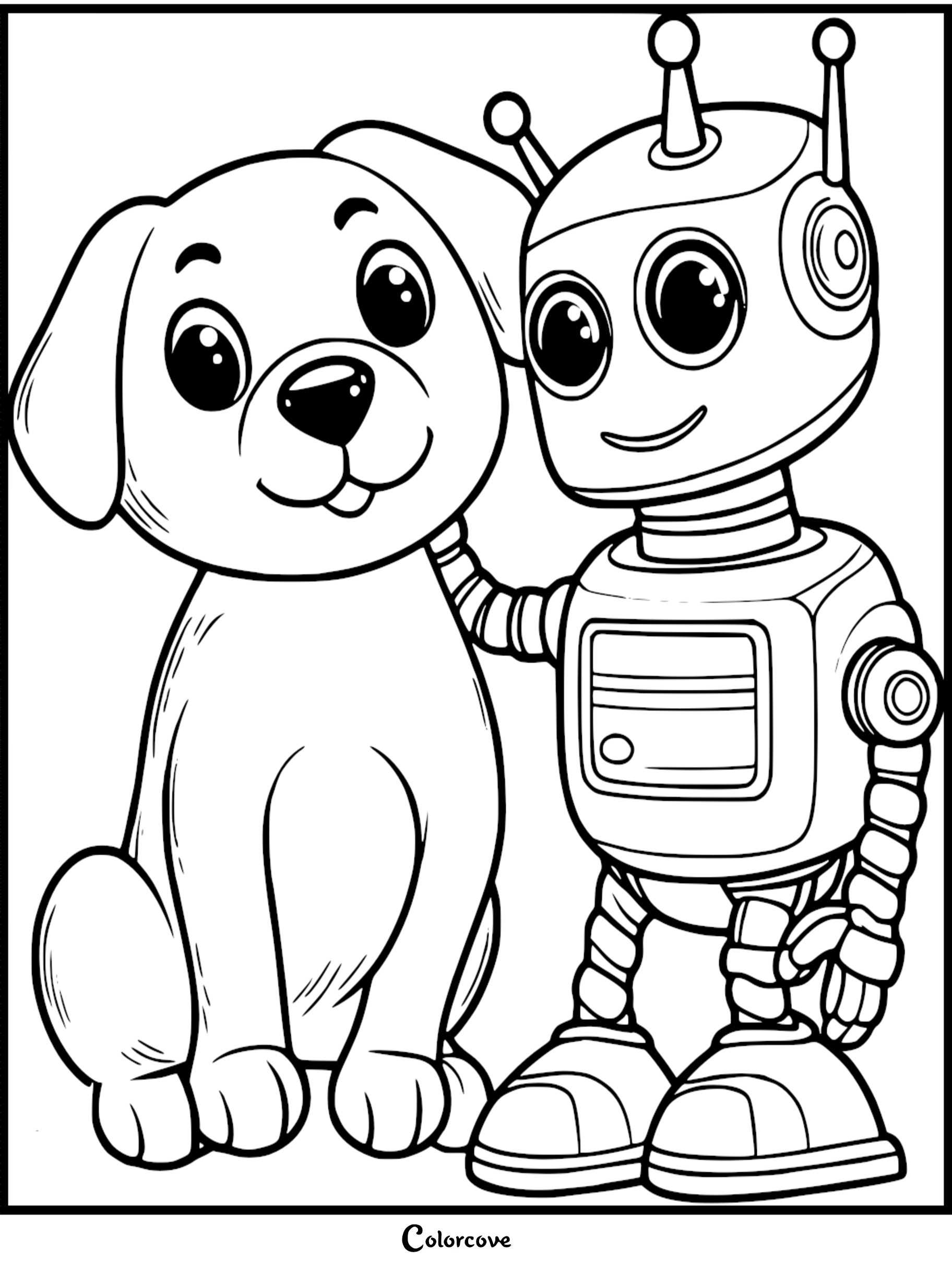 Cute coloring page featuring a playful robot and a friendly puppy, perfect for kids' creativity and fun.