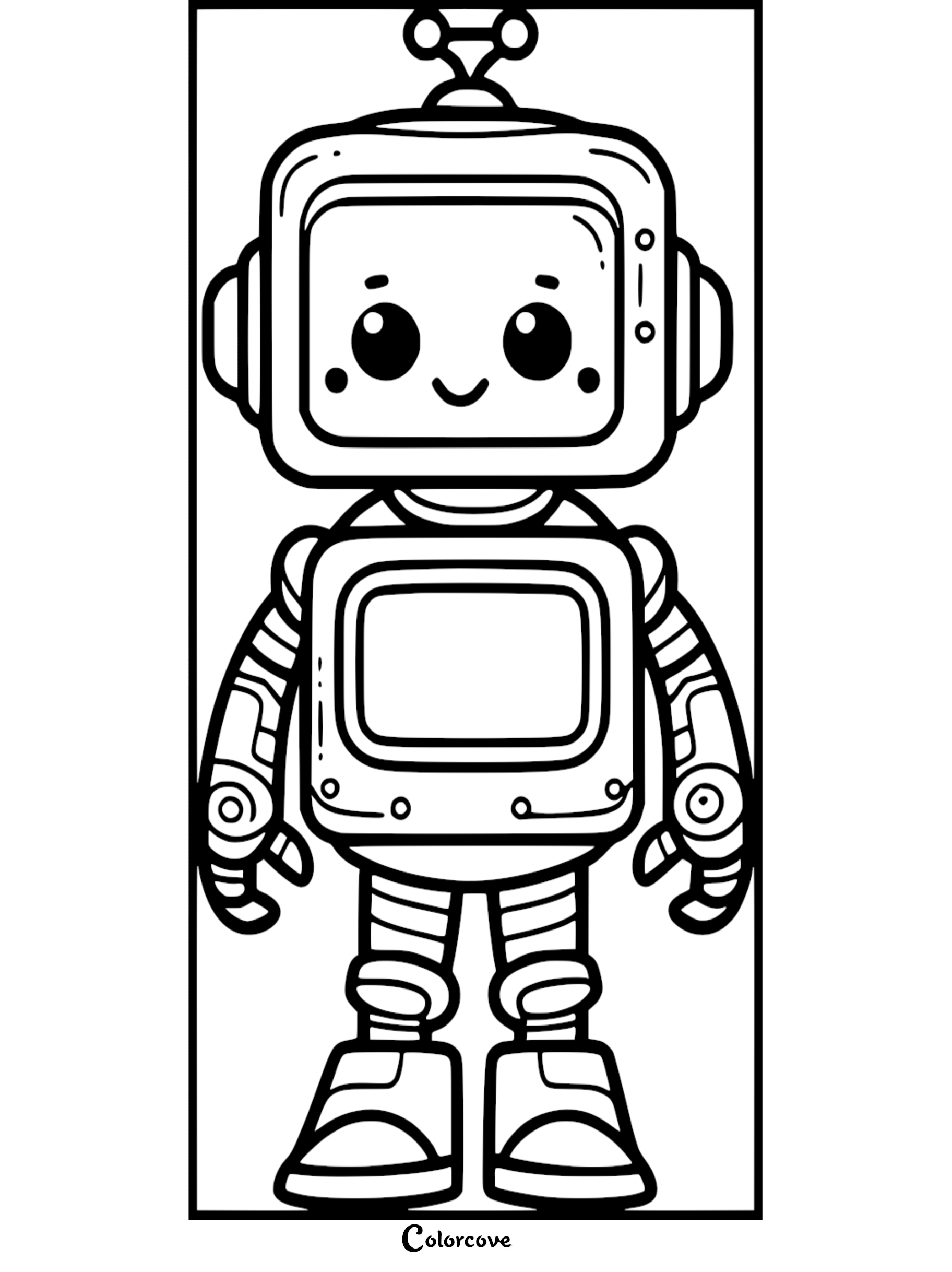 Cute robot coloring page for kids with a friendly face, perfect for young artists. Free printable from colorcove.org.