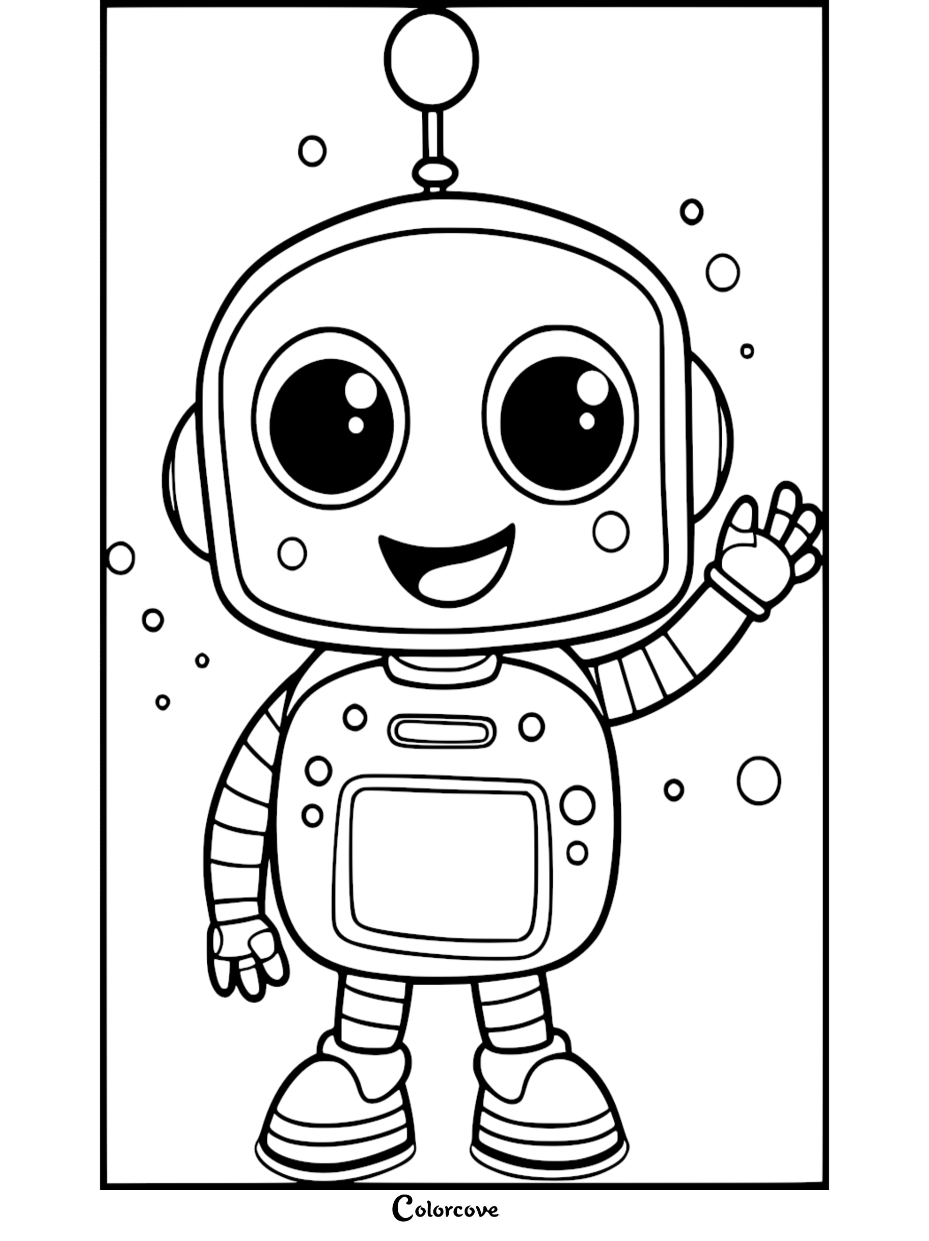 Cute robot coloring page for kids with big eyes, smile, and wave. Download and print from colorcove.org for fun activities.