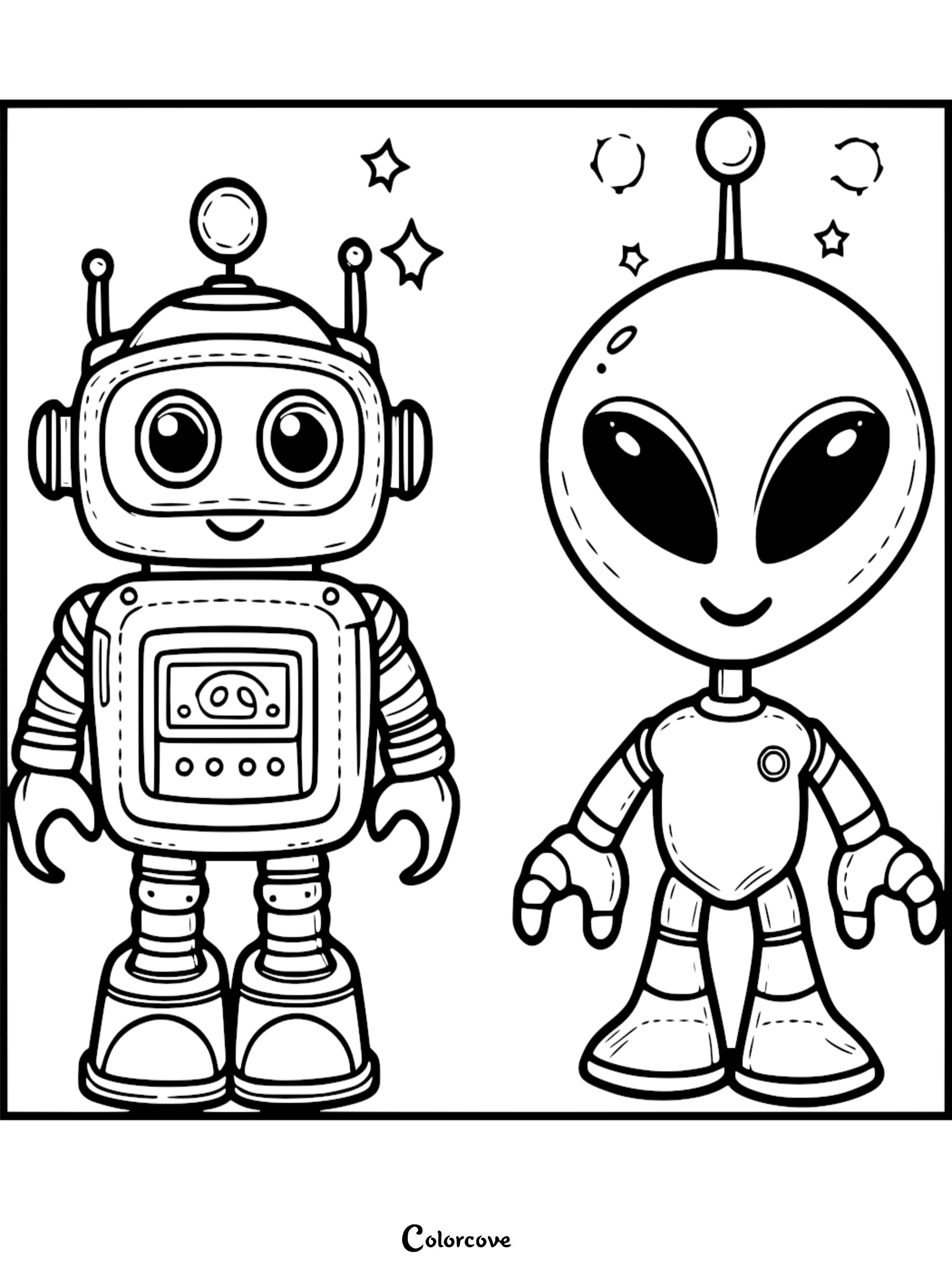 Coloring page featuring a cute robot and alien with stars in the background, perfect for kids' creative activities.