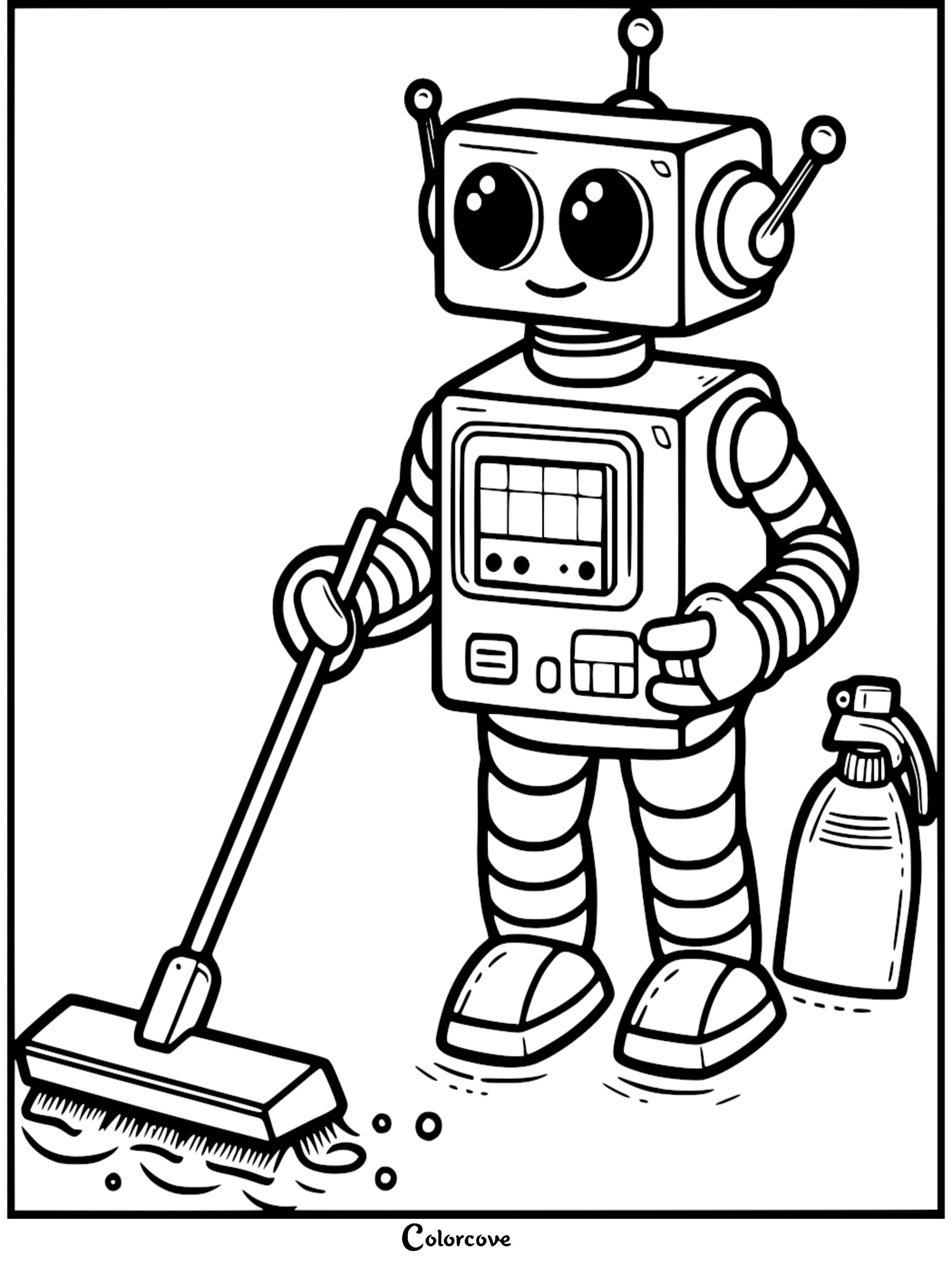 Robot coloring page for kids featuring a cute robot cleaning with a mop and spray bottle. Colorful, fun, printable activity.