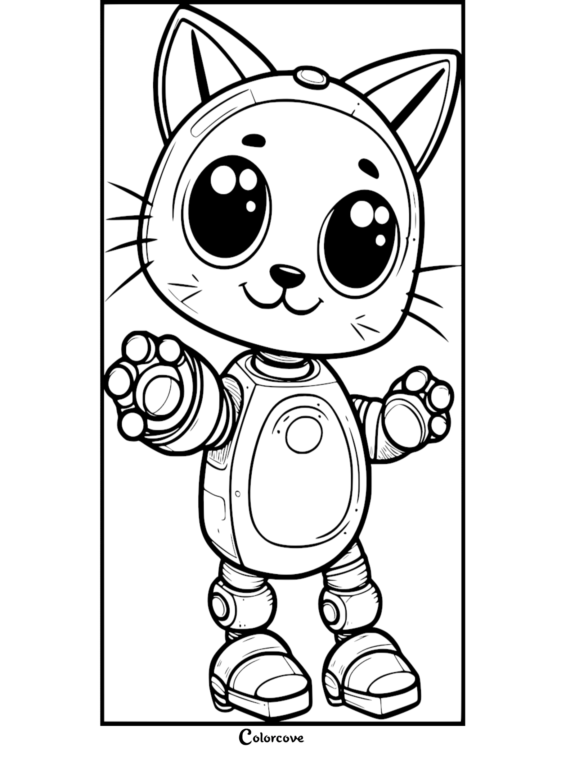 Cute robotic cat coloring page with big eyes and smiling face. Free printable for kids. ColorCove.org