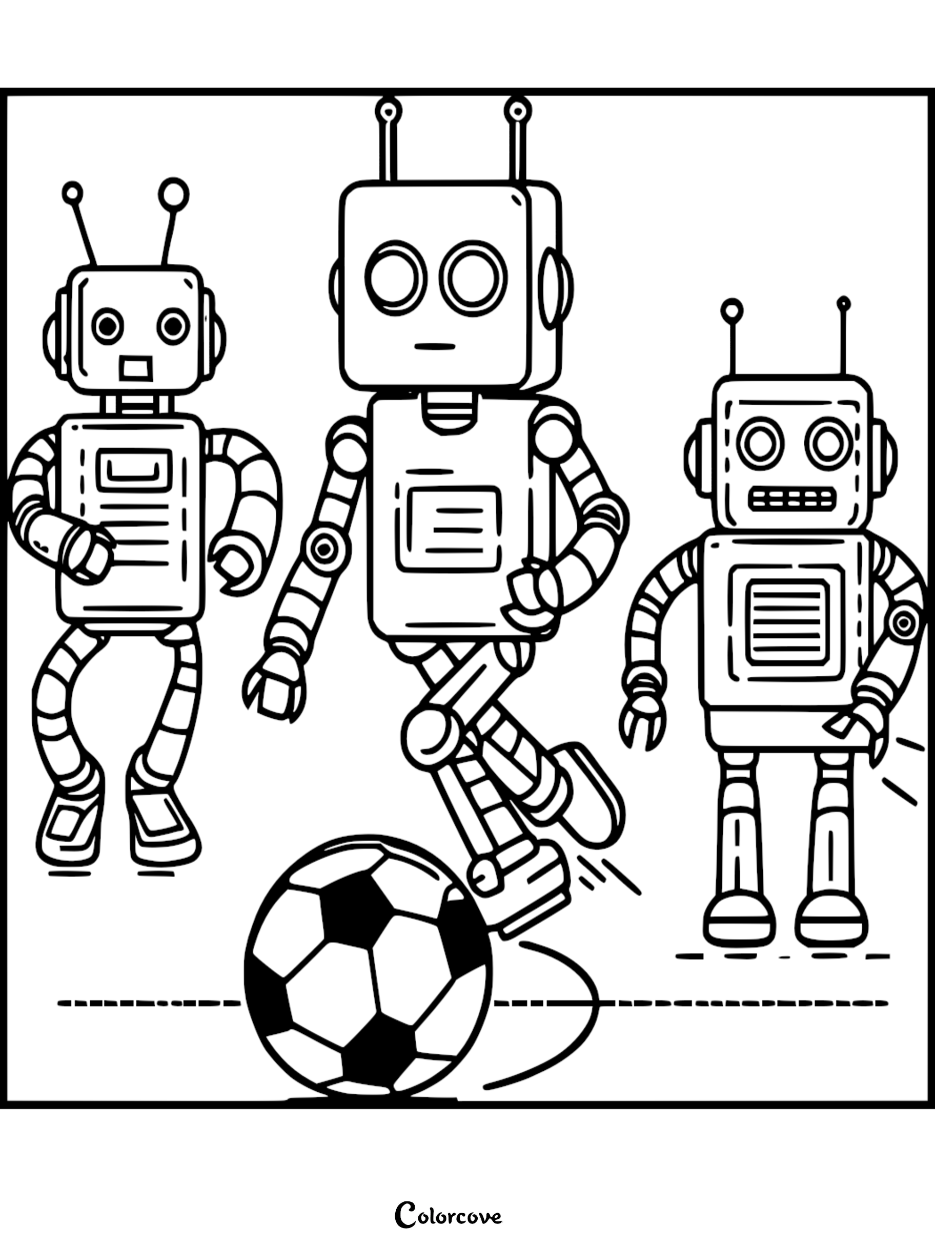 Coloring page featuring three playful robots involved in a soccer game, with one robot kicking a soccer ball.