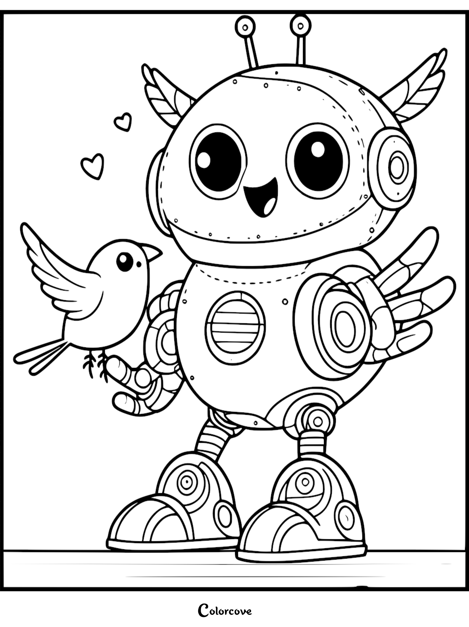 Cute robot coloring page featuring a happy robot holding a bird with hearts, perfect for kids' coloring activities.