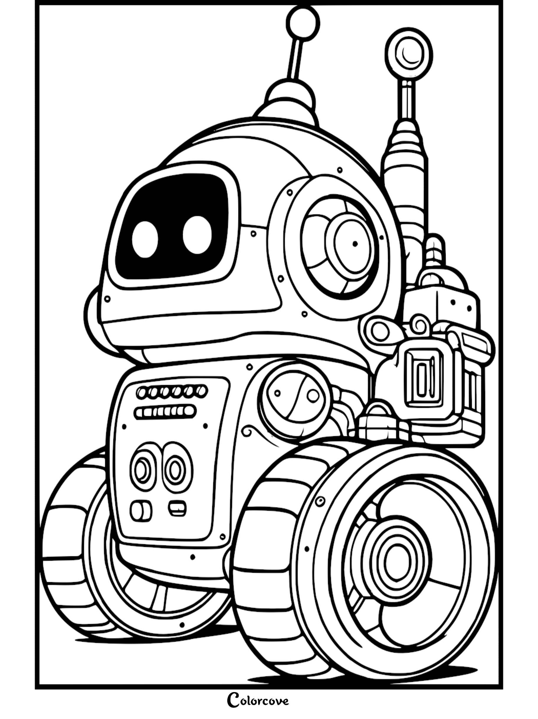 Robot coloring page for kids with a cute, futuristic design and big wheels | Free printable from colorcove.org
