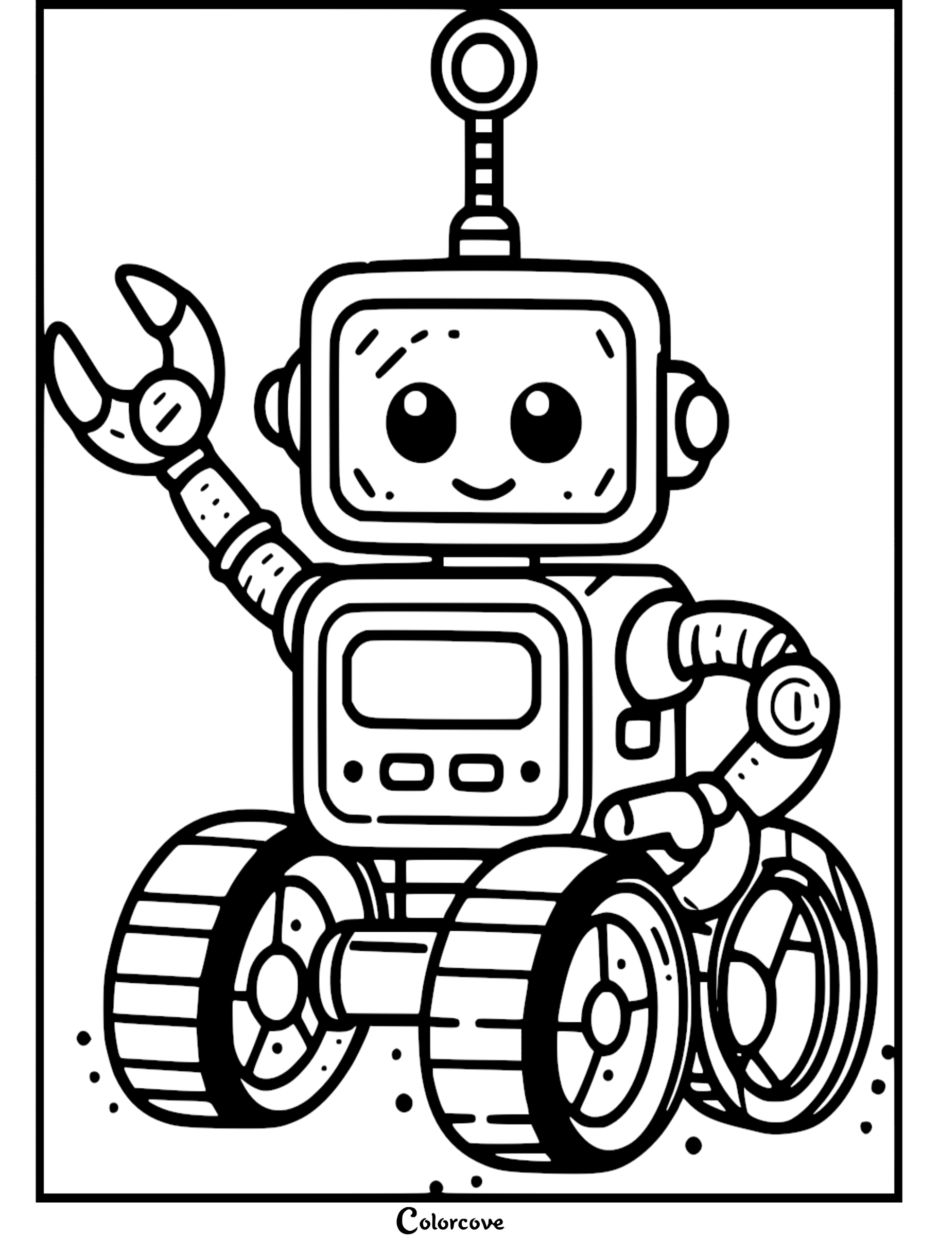 Cute robot coloring page for kids to print and color, featuring a friendly robot waving with a happy face, wheels, and antennas.