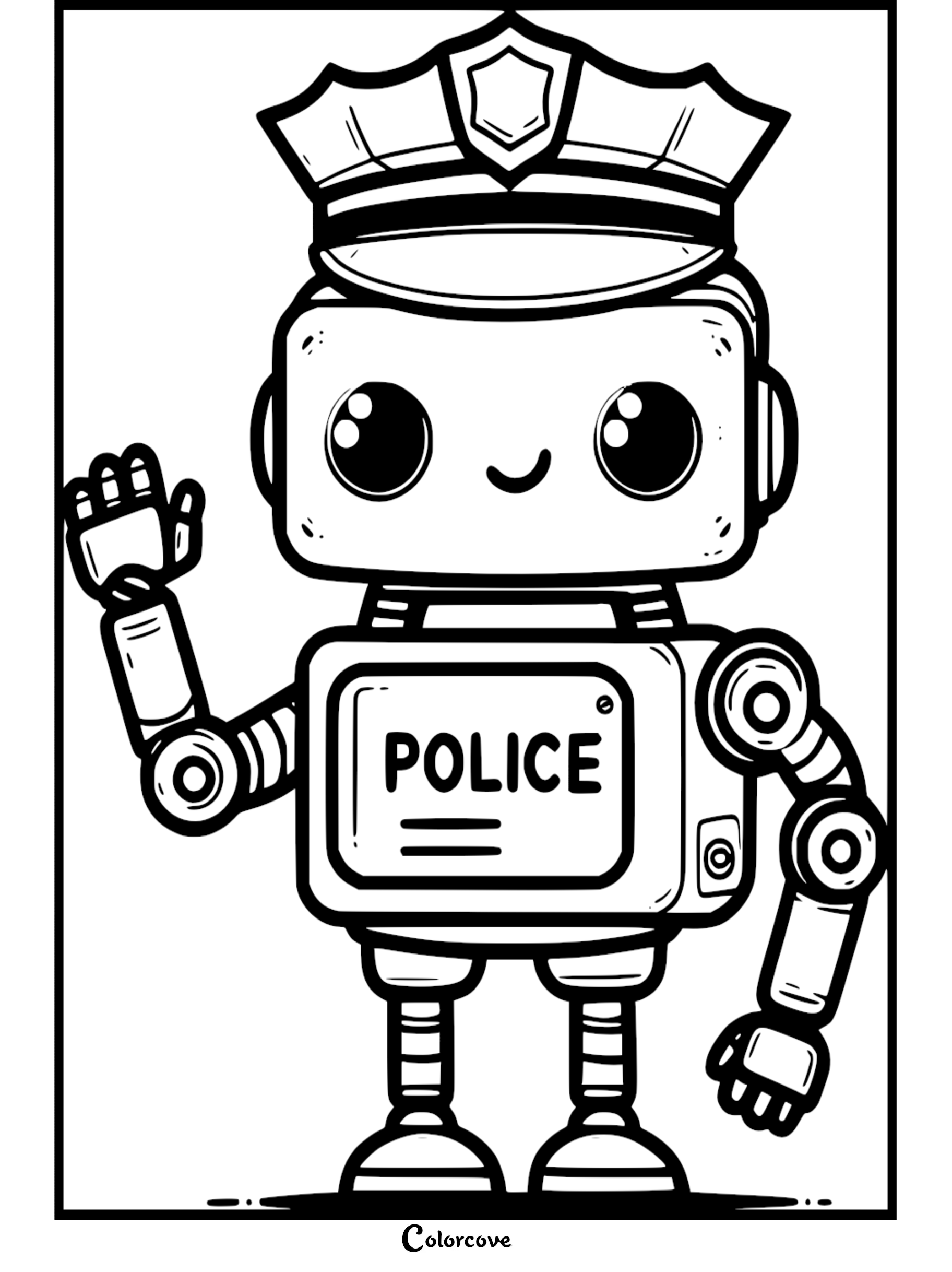 Printable coloring page of a cute robot police officer waving, perfect for kids. Download and color this fun law enforcement bot.