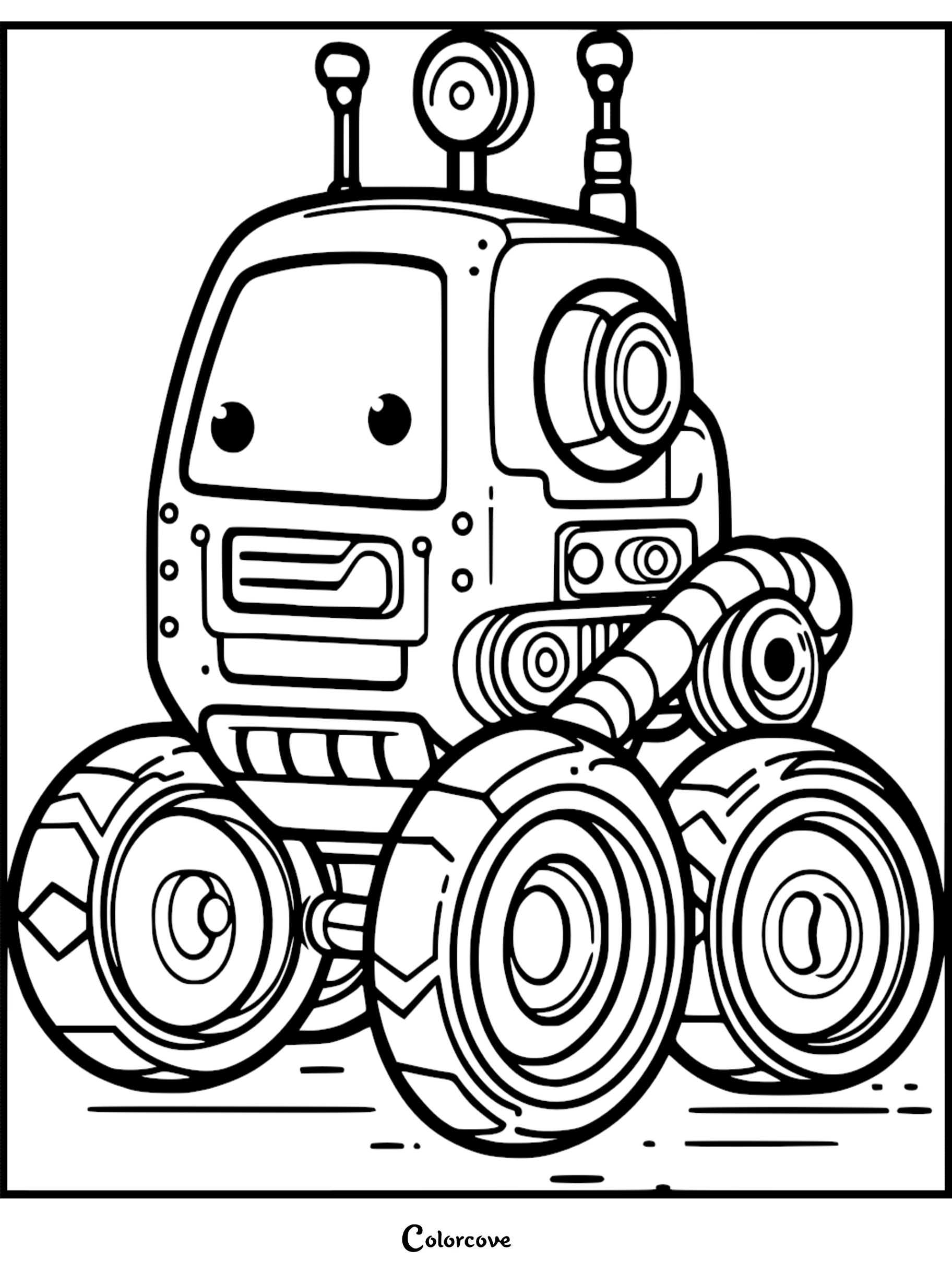 Cute robot coloring page with large wheels, fun details, and antennas. Perfect for kids who love to color robots.