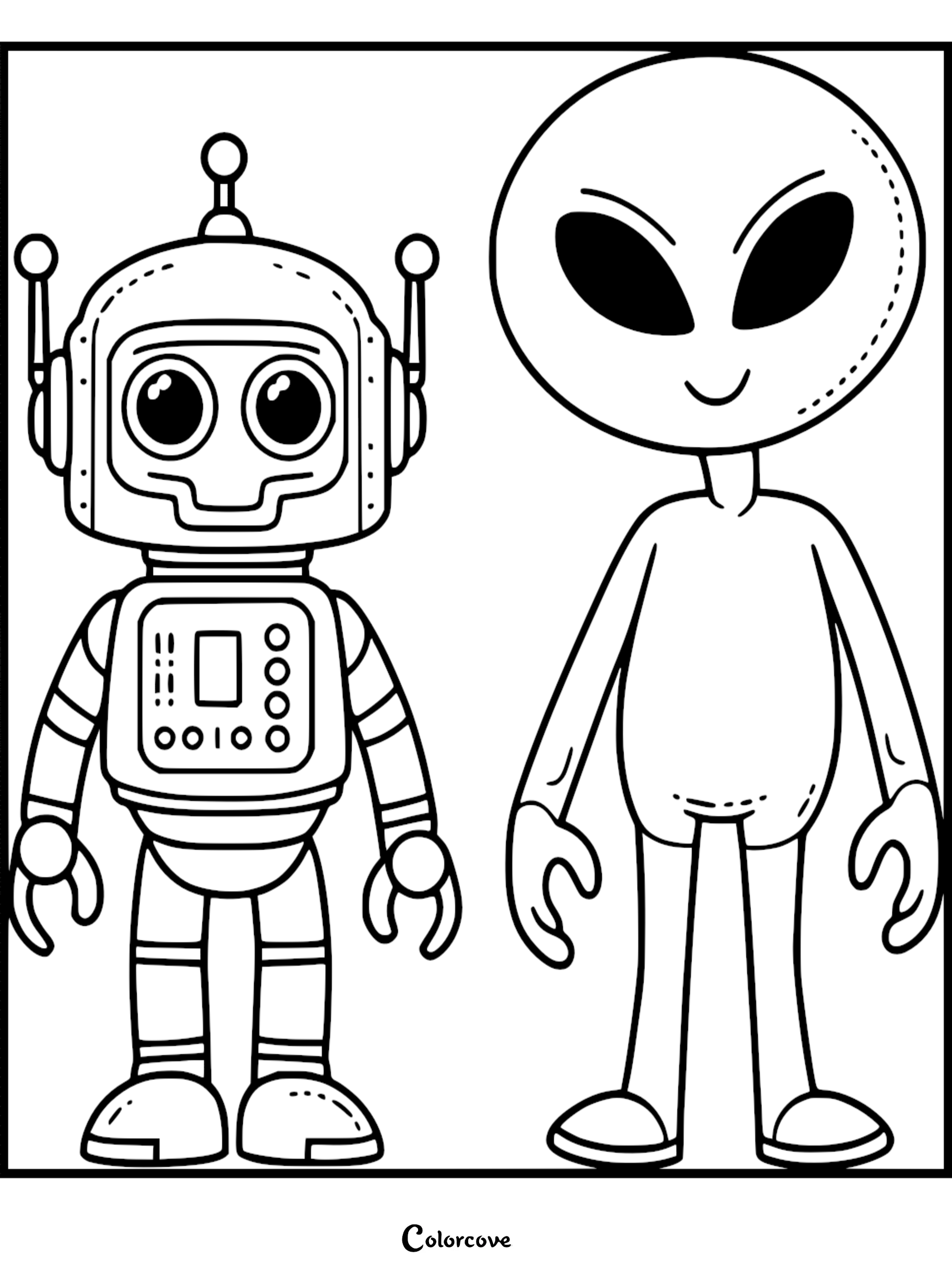 Printable coloring page featuring a cute robot and friendly alien for kids to color. Download for free at colorcove.org.