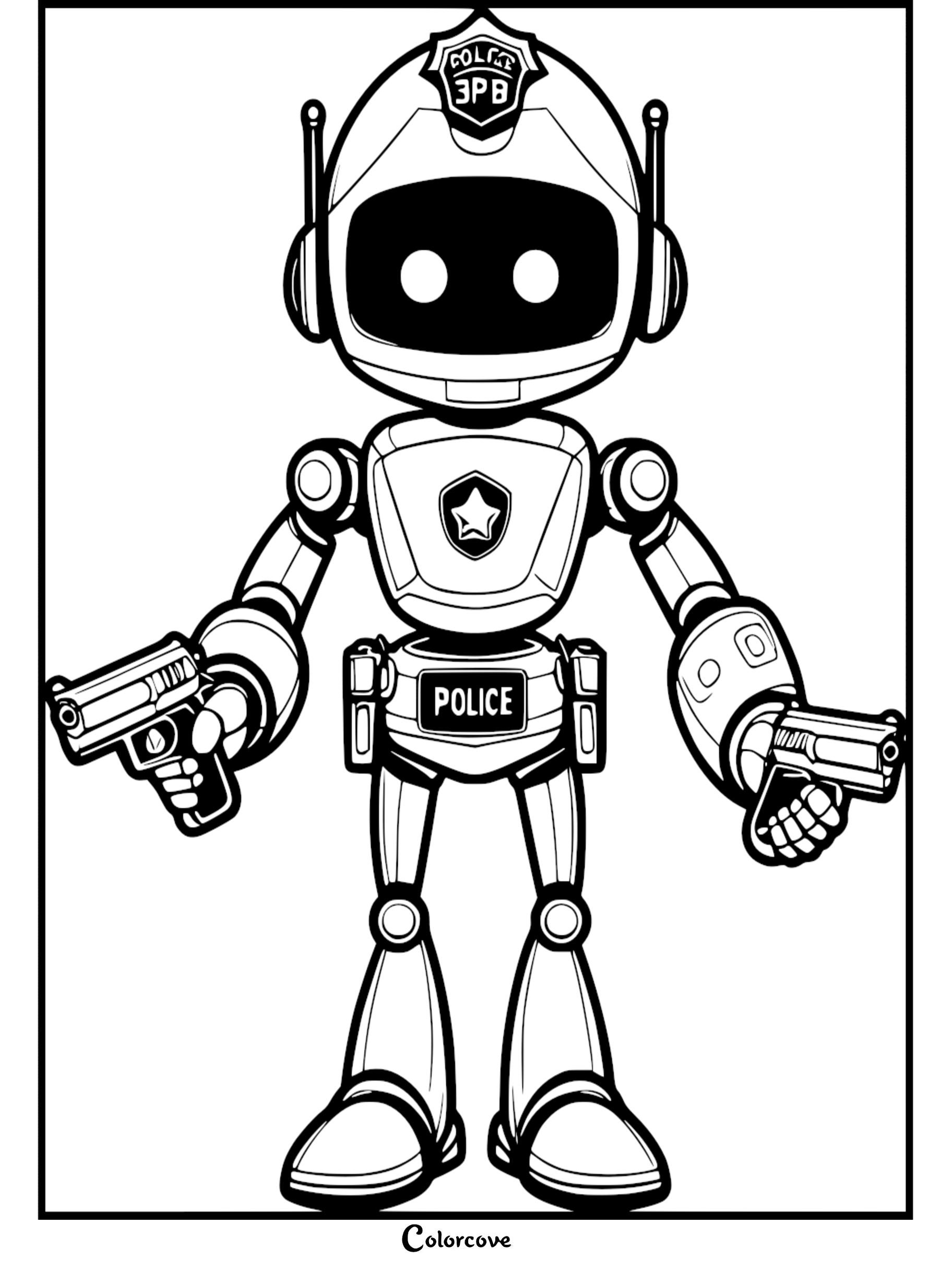 Robot police officer coloring page for kids with two guns and a badge, ready to print and color. Image source: colorcove.org