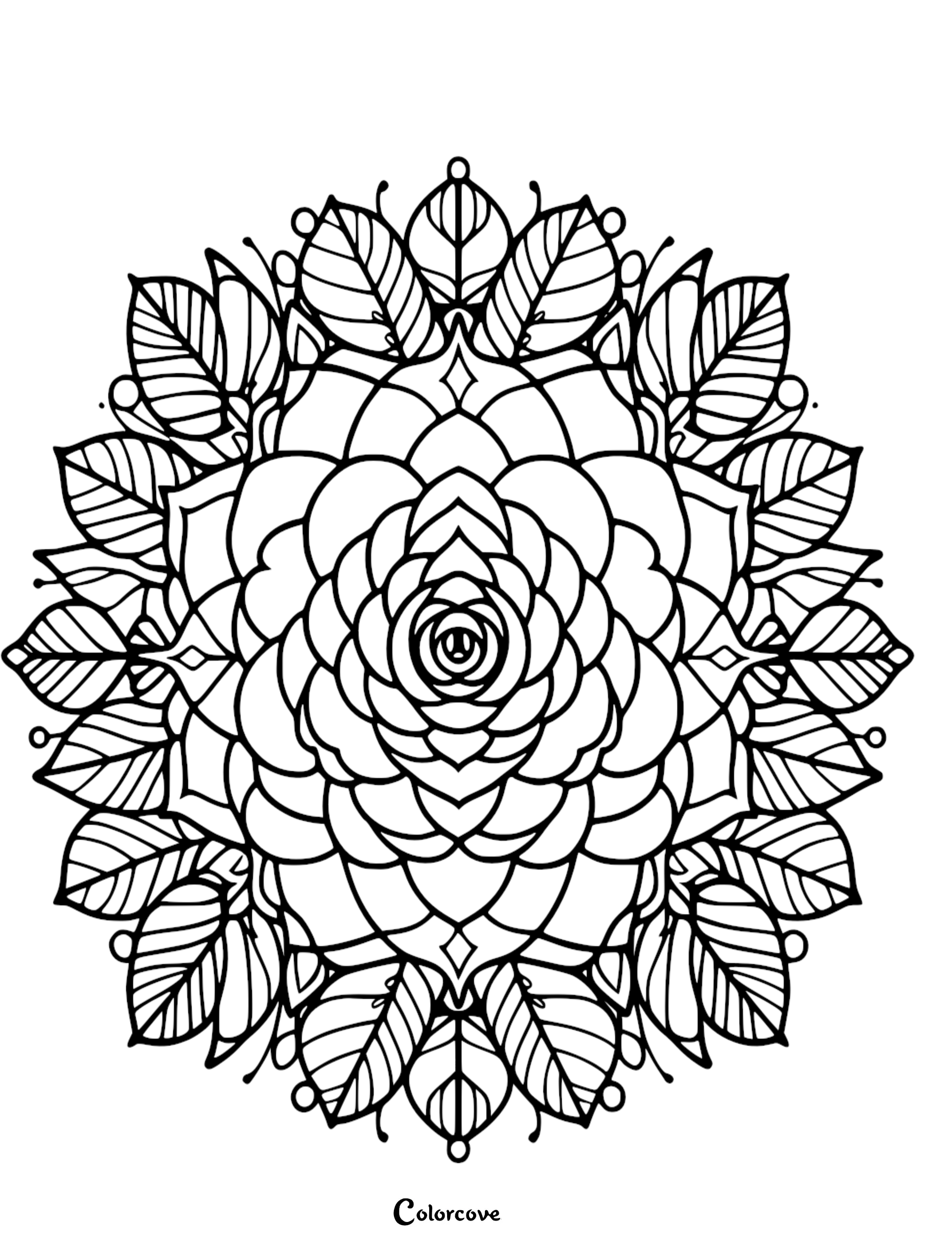 a black and white mandala with leaves