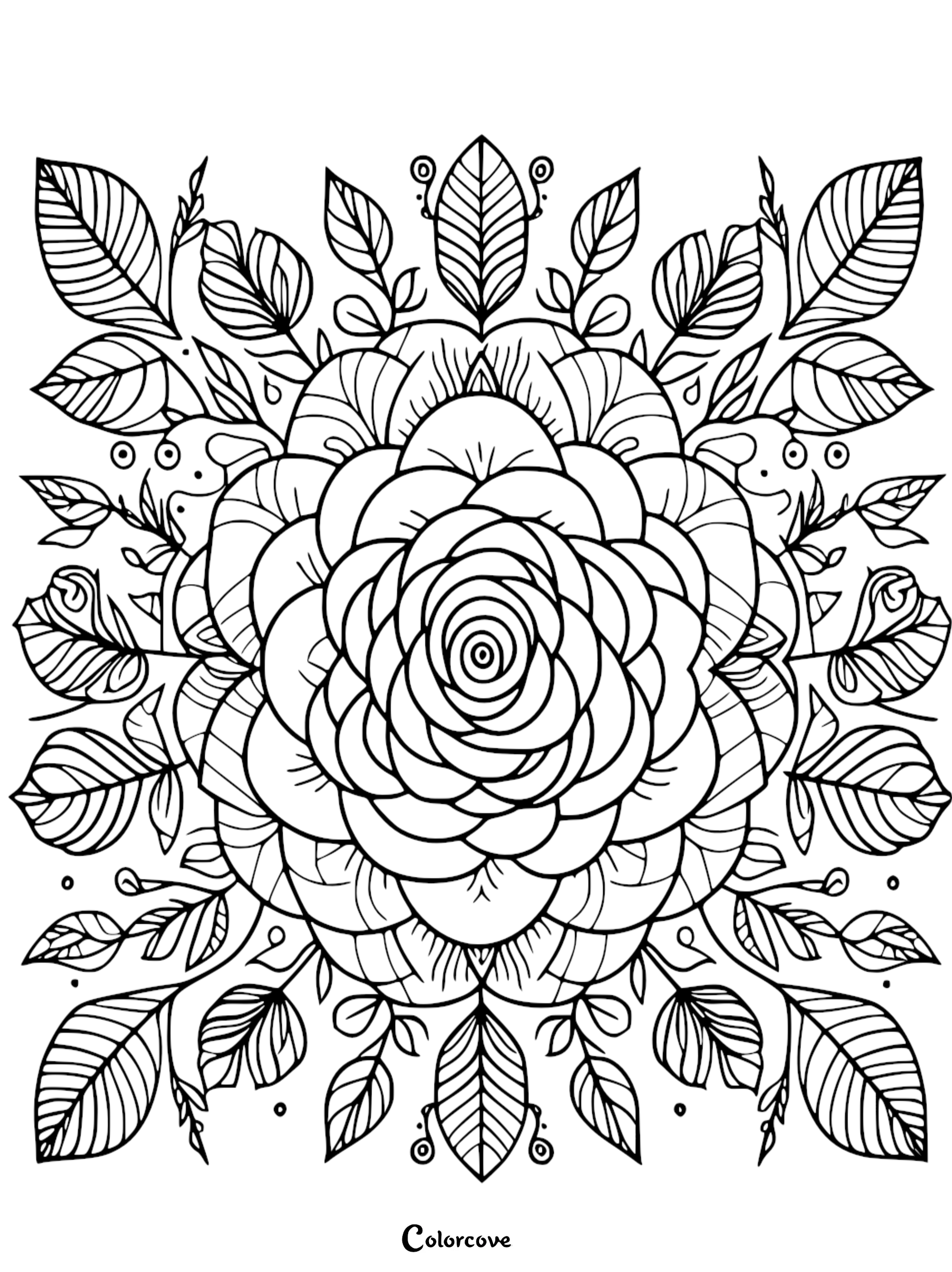 a black and white drawing of a flower and leaves