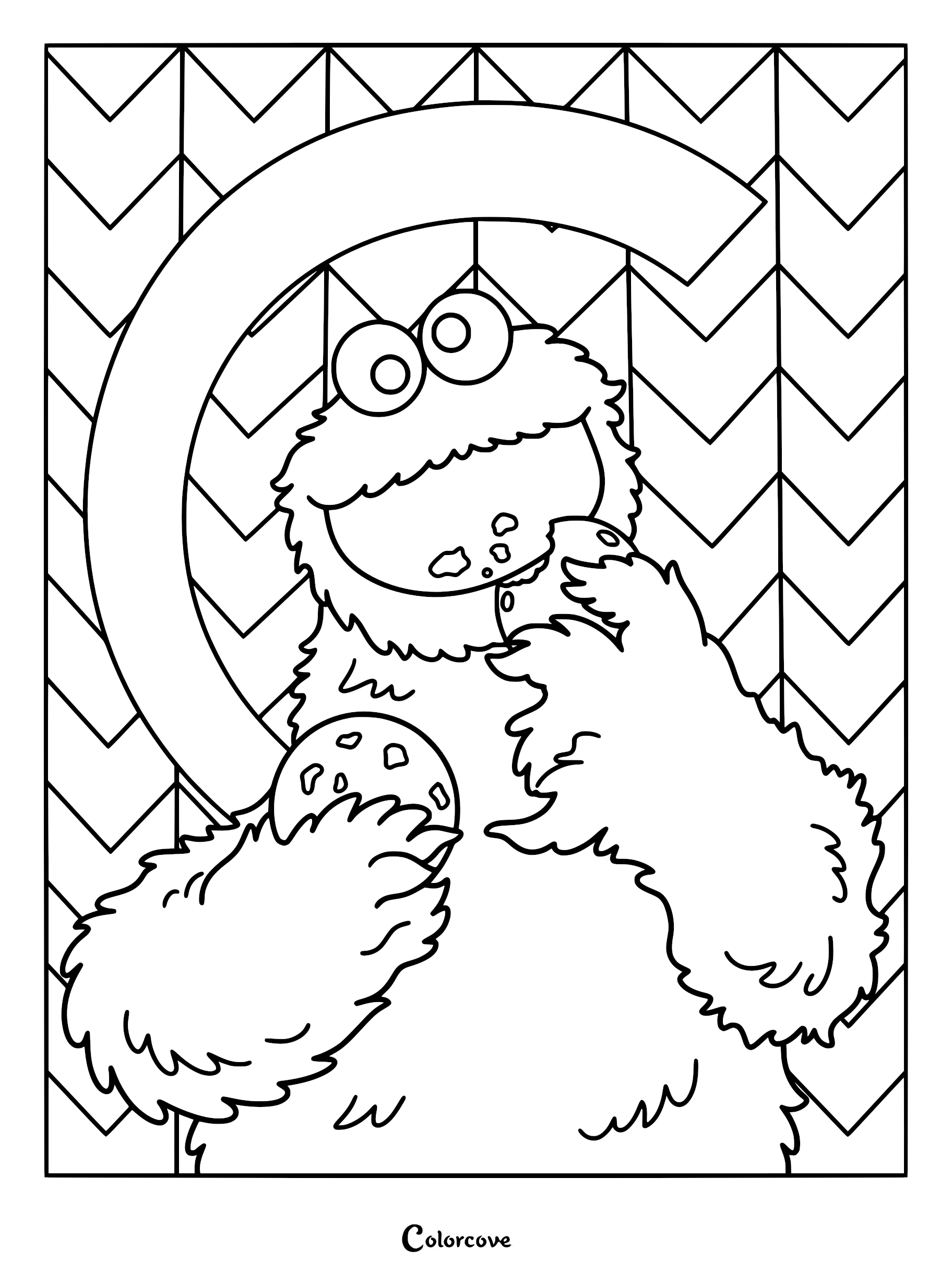 Cookie Monster eating a chocolate chip cookie in front of a large letter C, featured on a chevron pattern background coloring page.