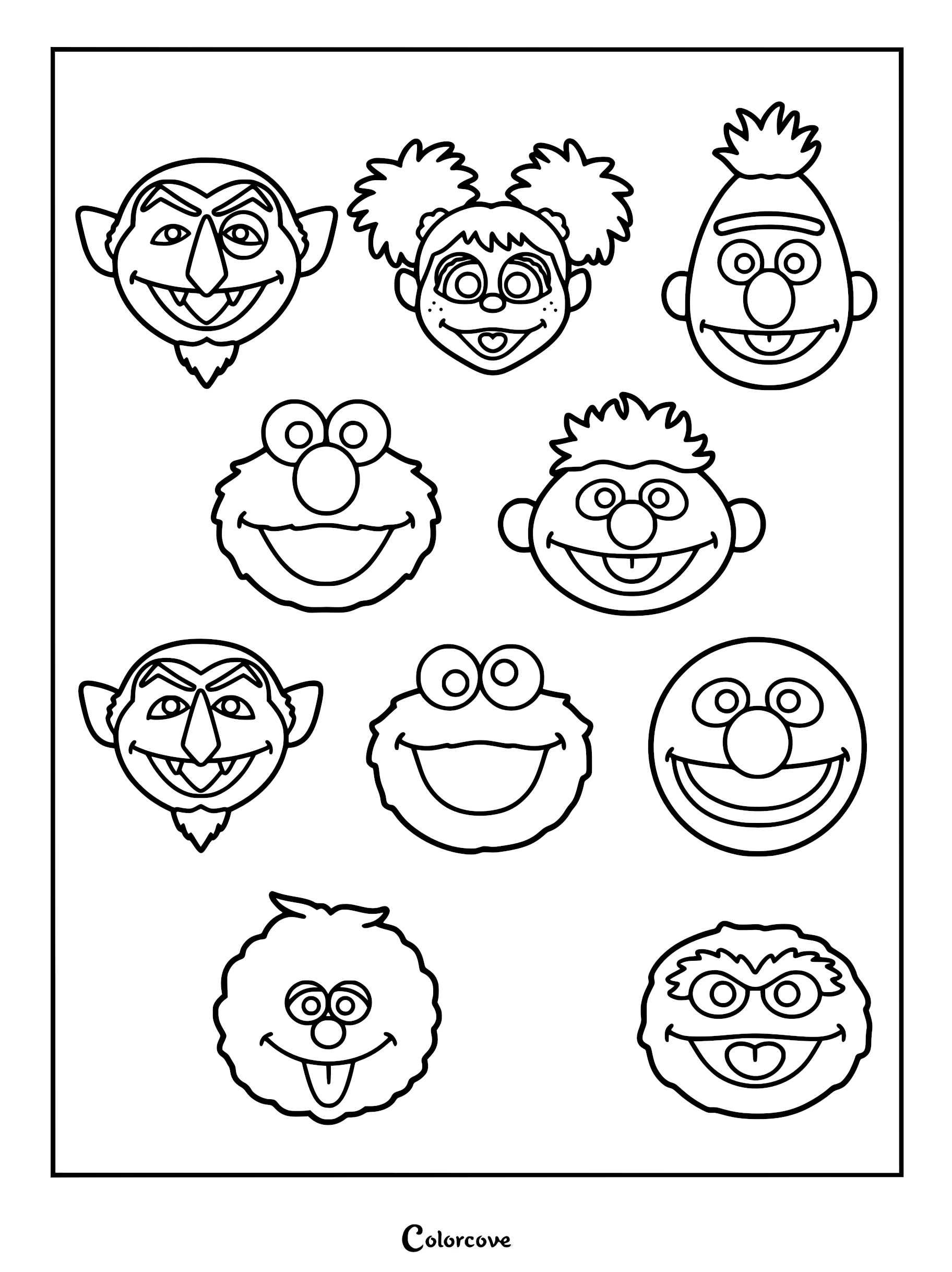 Black and white line art coloring page featuring the faces of Count von Count, Zoe, Bert, Elmo, Ernie, and other Sesame Street characters arranged in a grid.
