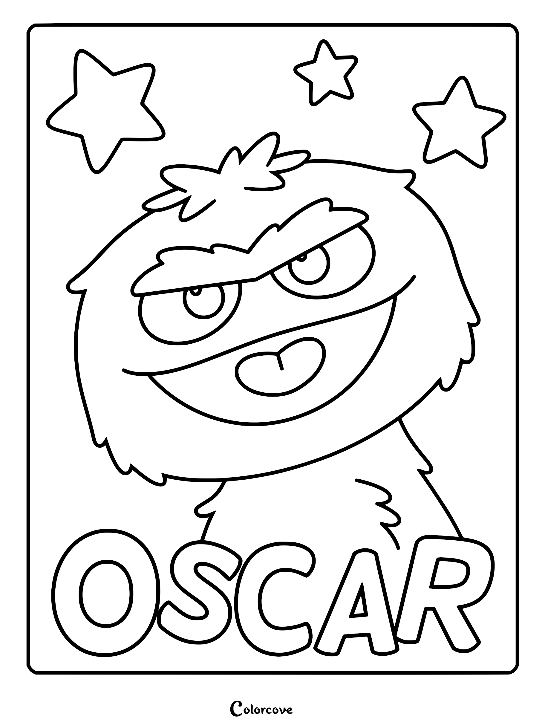 Oscar the Grouch smiling with furrowed brows surrounded by three stars, featured on a printable Sesame Street coloring page.
