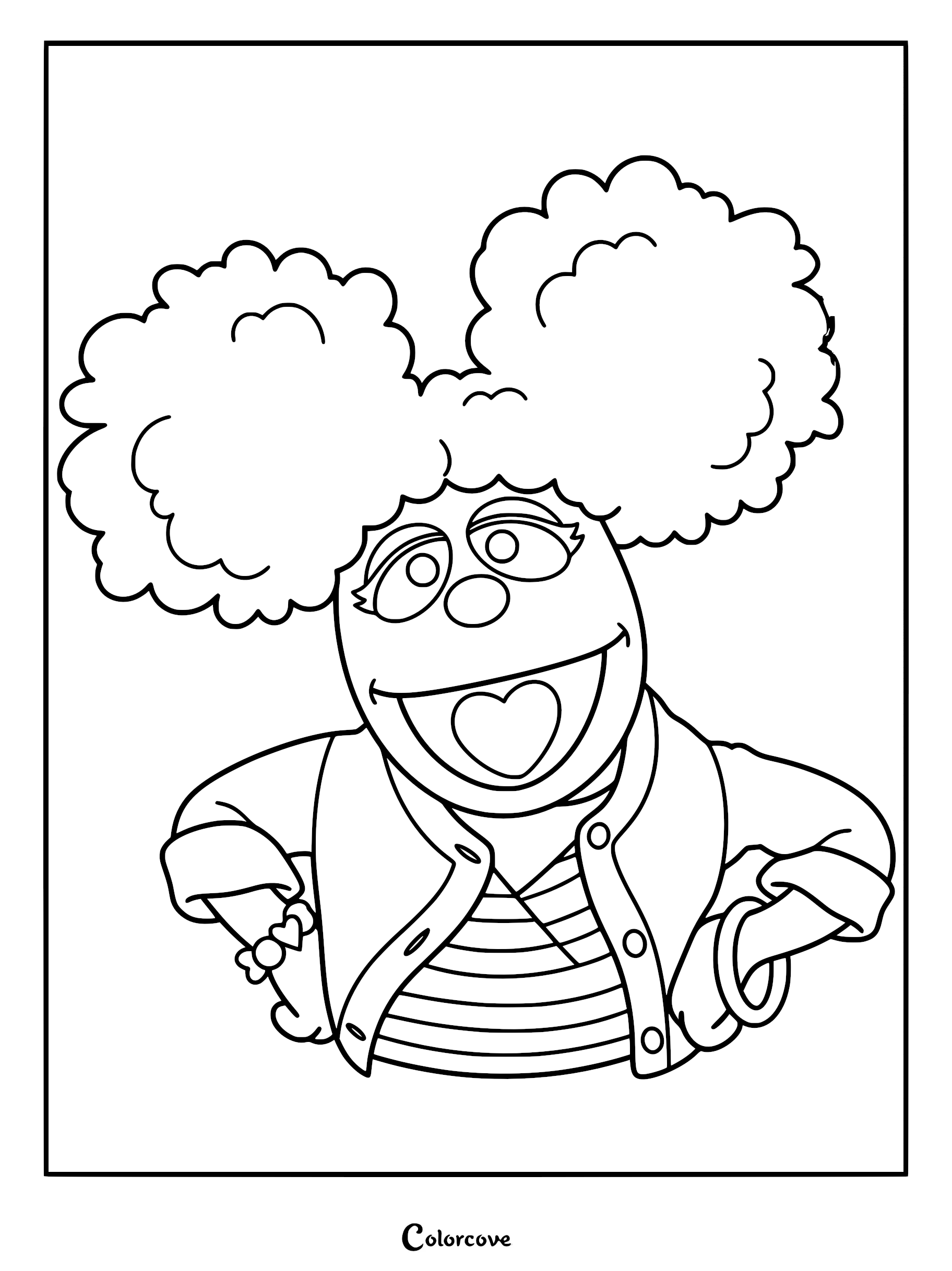 Zoe from Sesame Street featuring her iconic double puff hairstyle, striped shirt, and heart-shaped mouth in this printable coloring page.