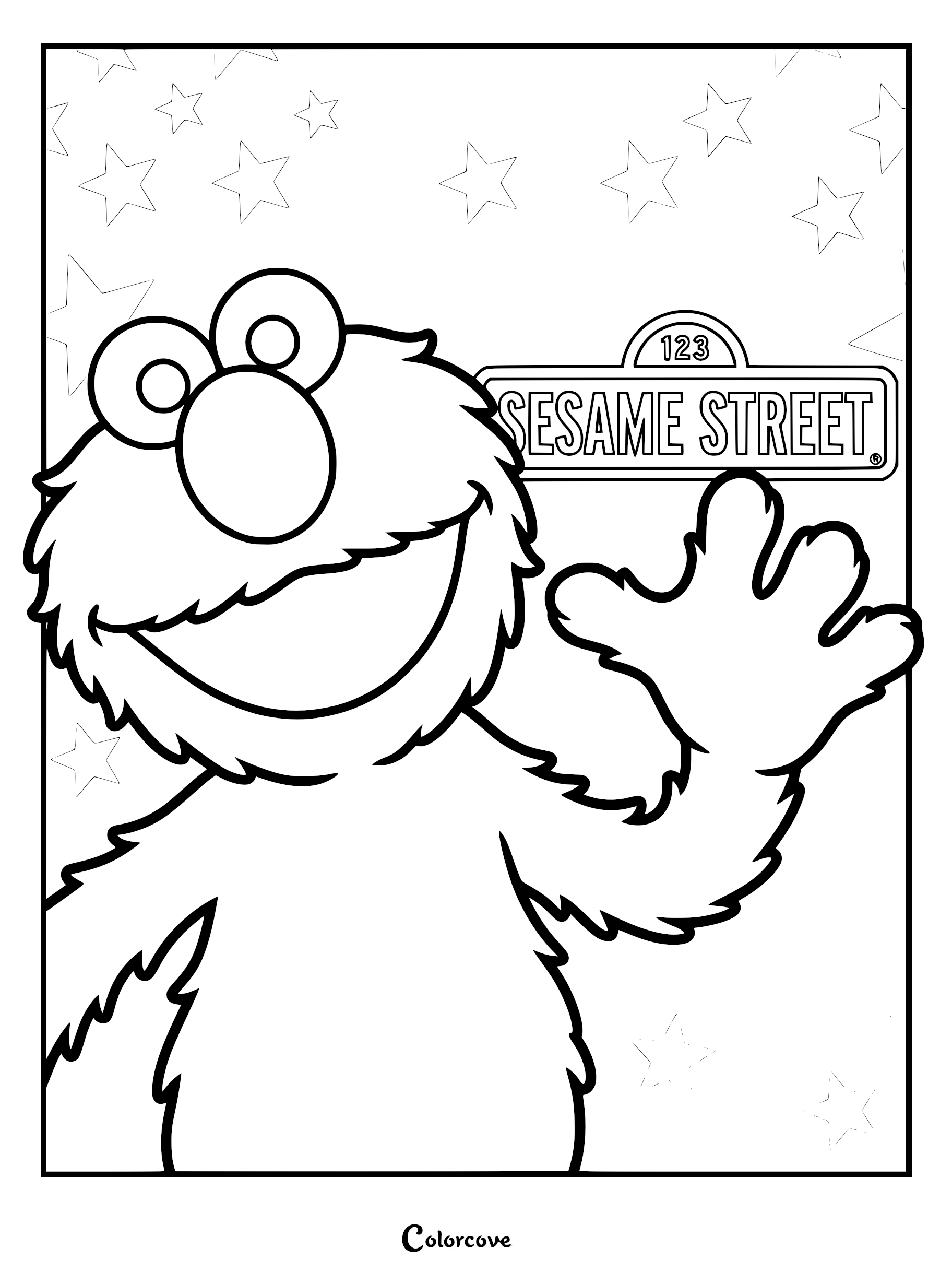 Elmo waving his hand in front of the 123 Sesame Street sign with a background of stars on a printable coloring page.