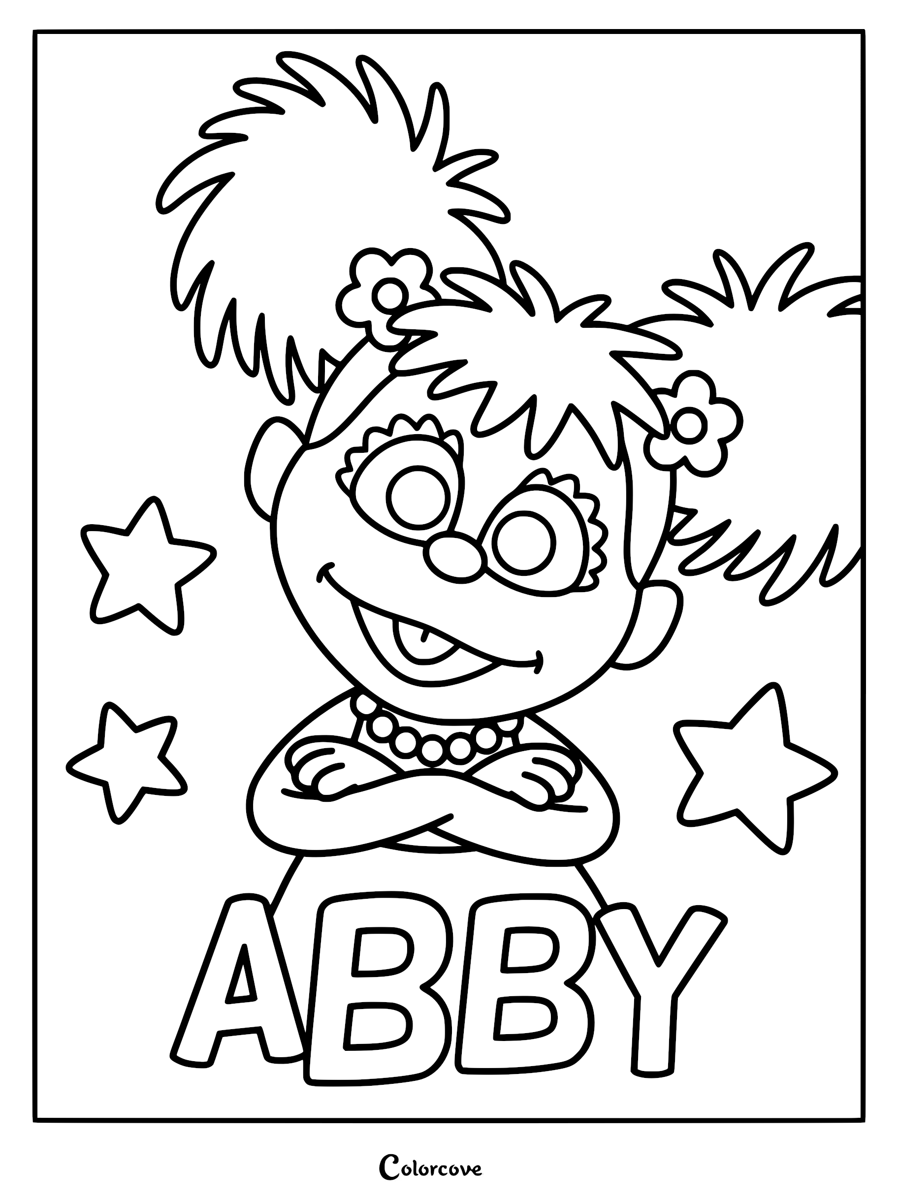 Abby Cadabby from Sesame Street with pigtails, flower hair accessories, and crossed arms, featured on a printable coloring page with stars and her name written below.