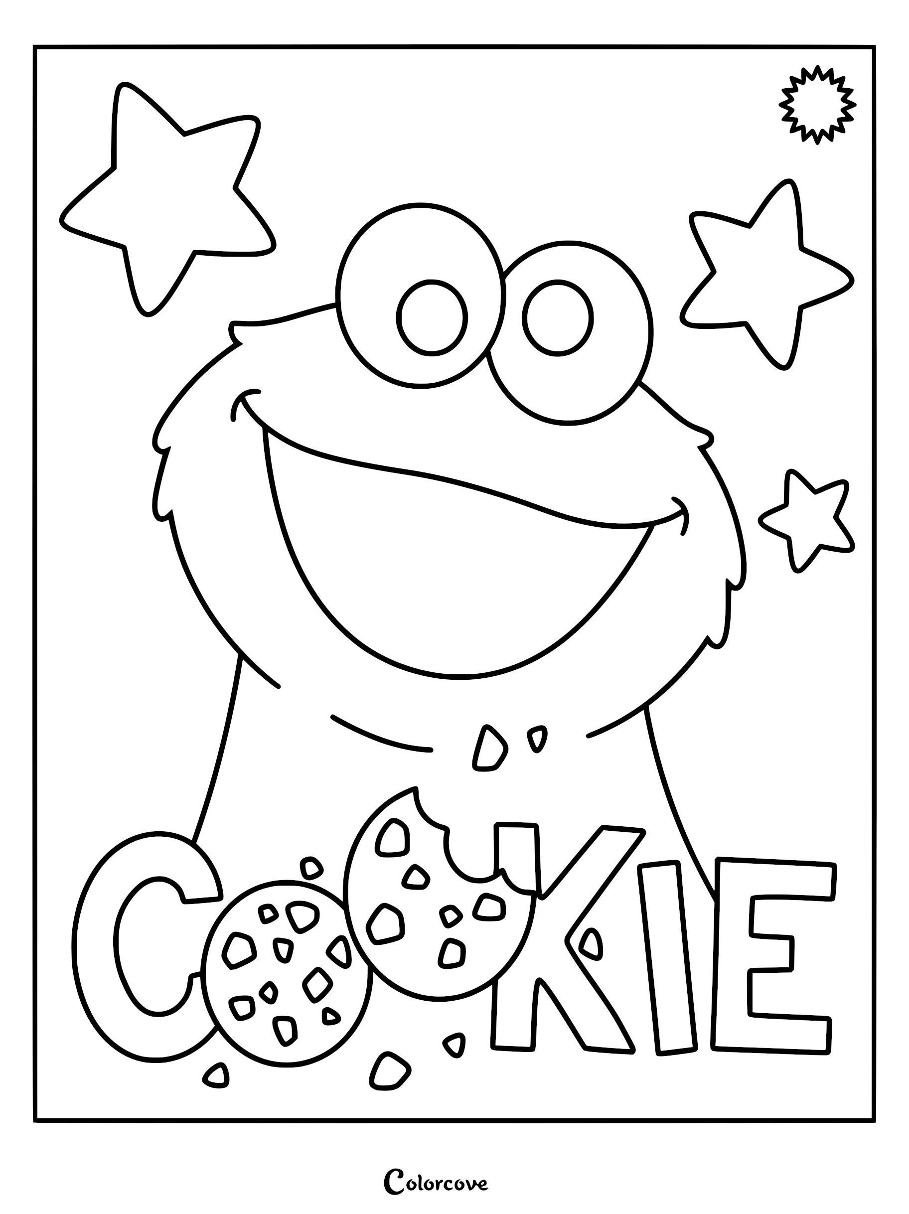 A printable coloring page featuring a large, smiling Cookie Monster surrounded by stars and the word COOKIE with a chocolate chip cookie replacing the letter O.