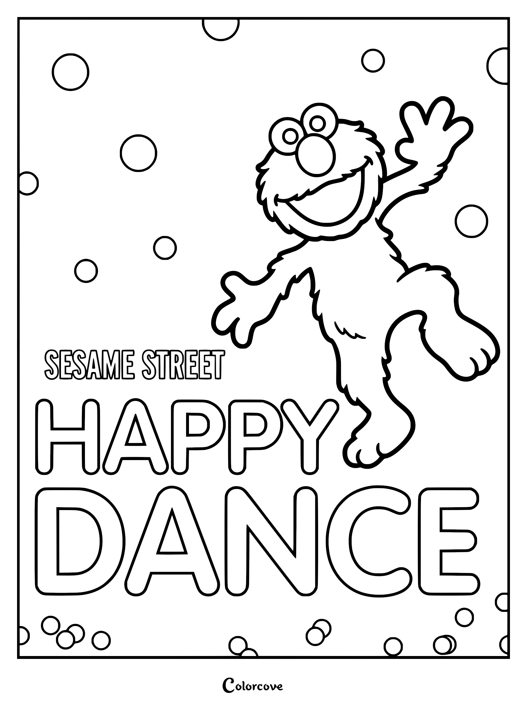 Elmo performing a happy dance with floating bubbles on a Sesame Street coloring page.