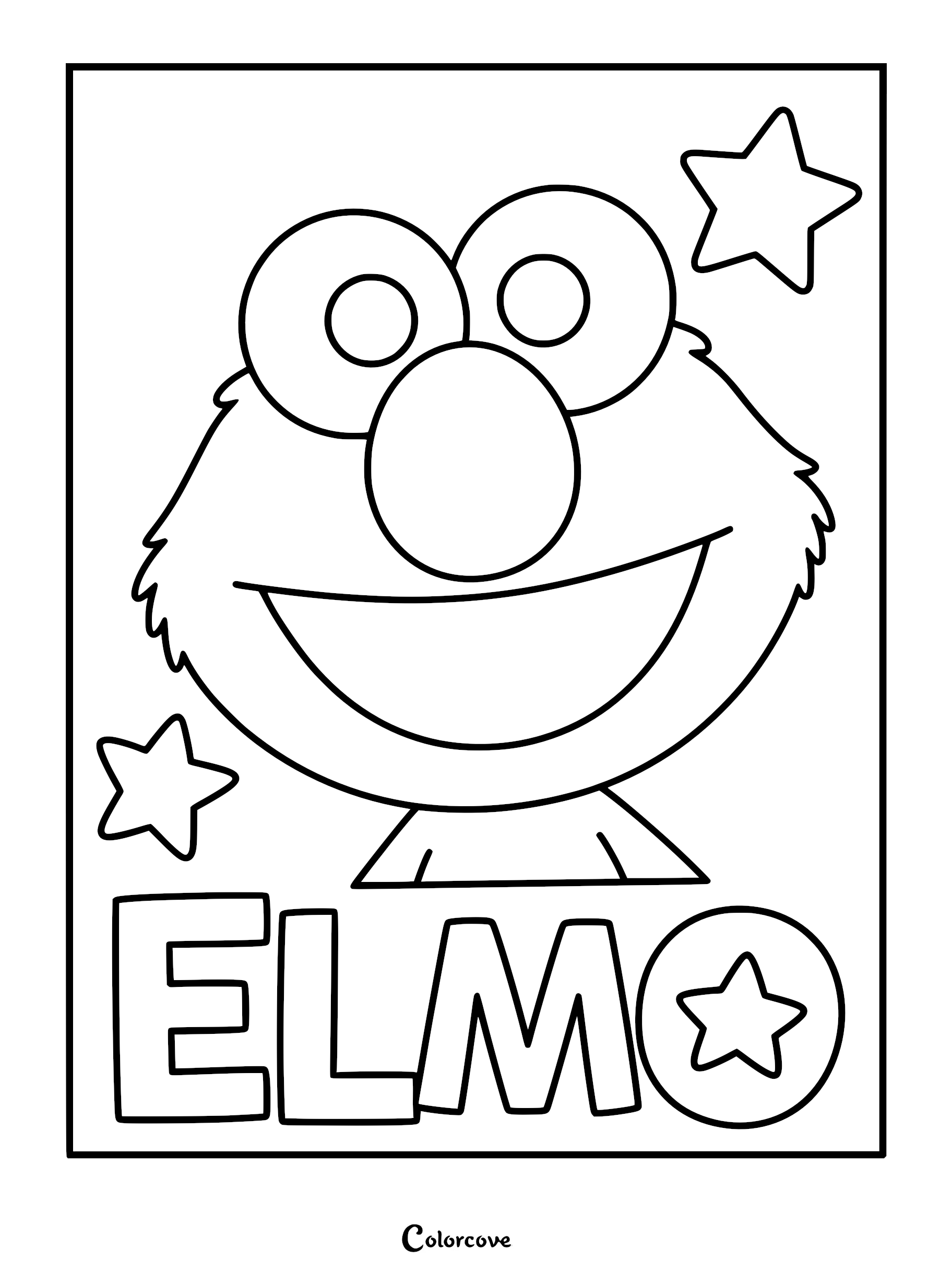 Elmo from Sesame Street close-up portrait coloring page featuring stars and bold ELMO text