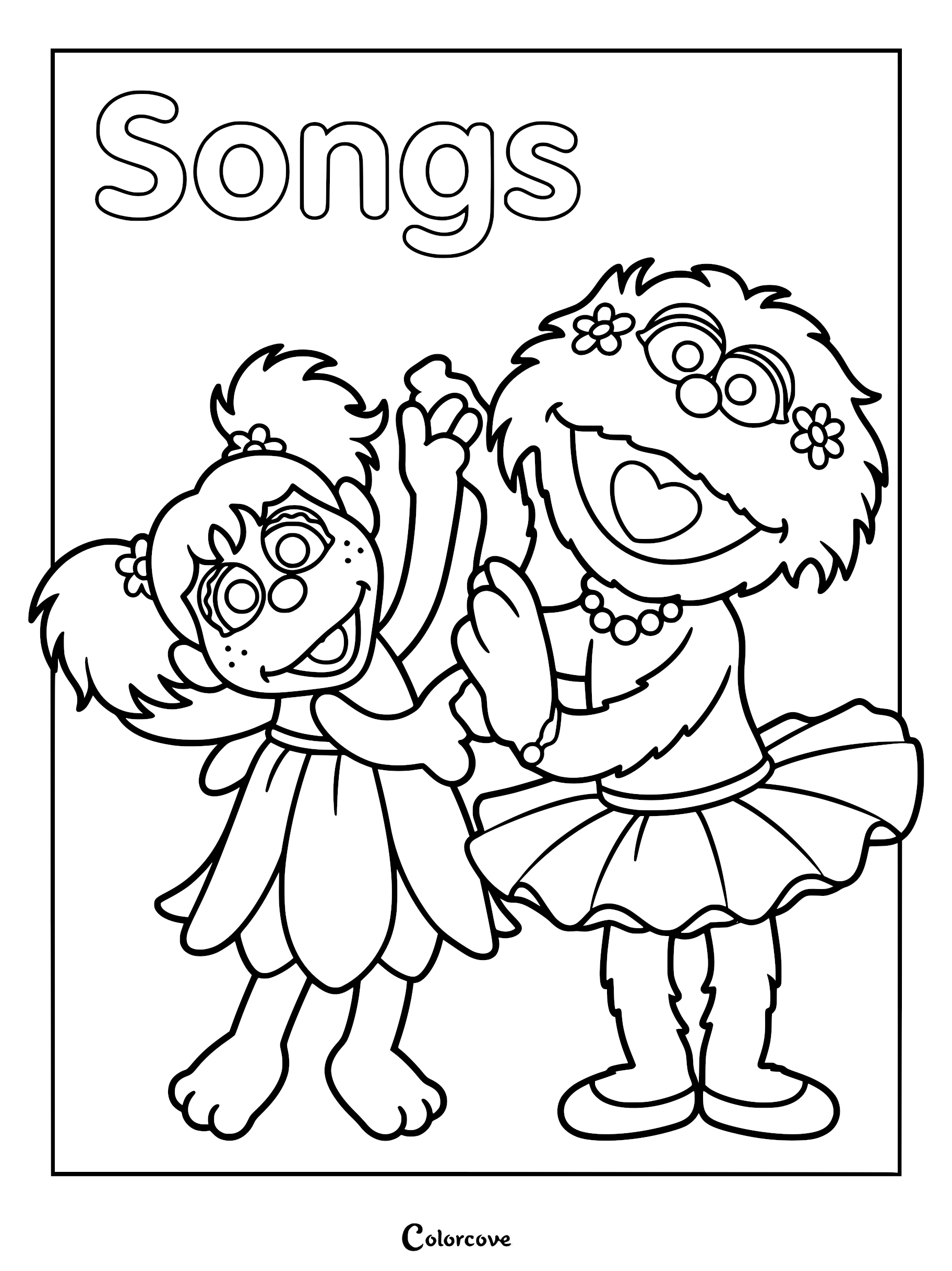 Sesame Street coloring page featuring Abby Cadabby with pigtails and Zoe with flower hair accessories dancing together under the text Songs.