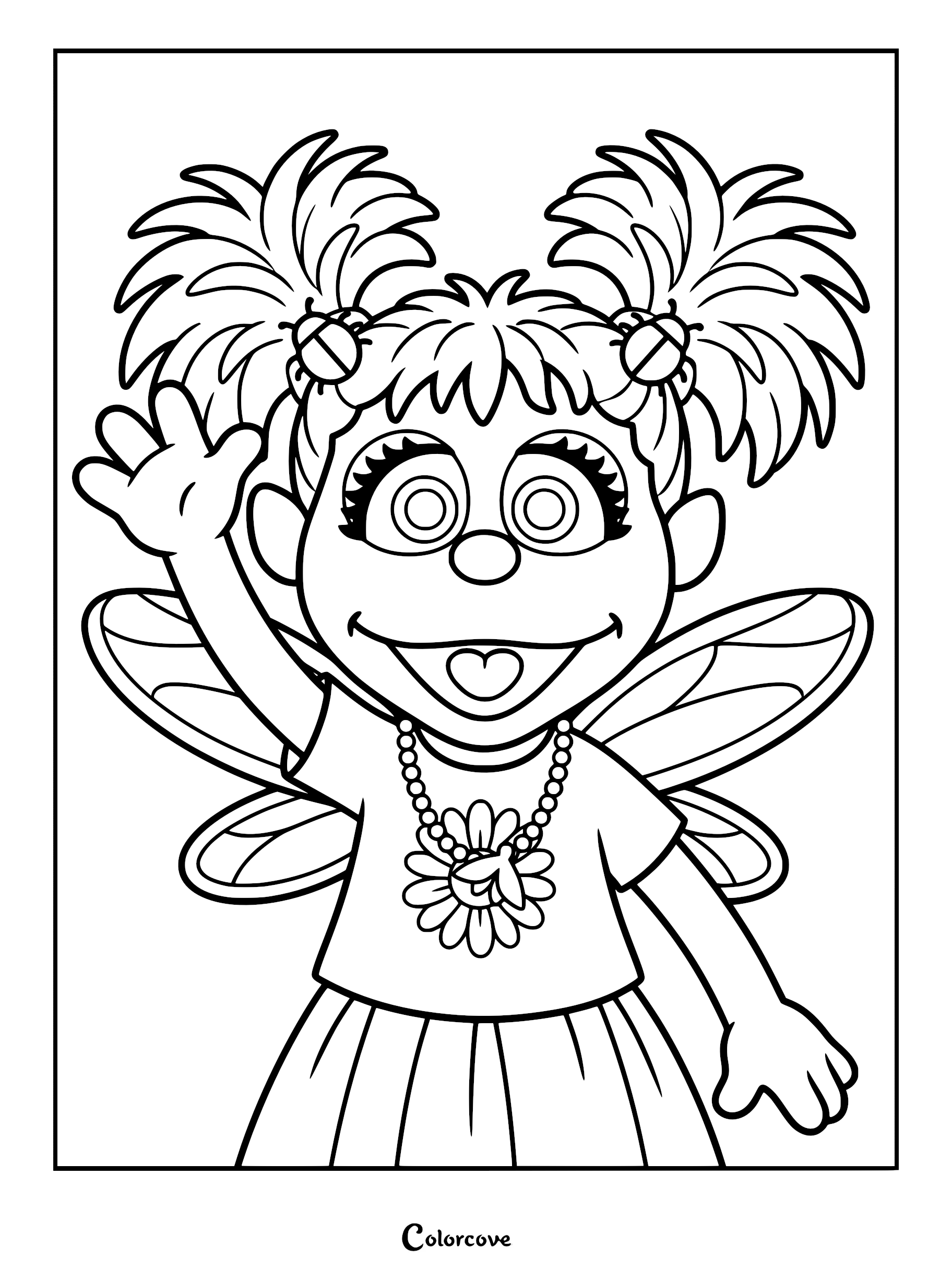 Abby Cadabby from Sesame Street wearing a daisy necklace and fairy wings, waving her hand in this detailed black and white coloring page.