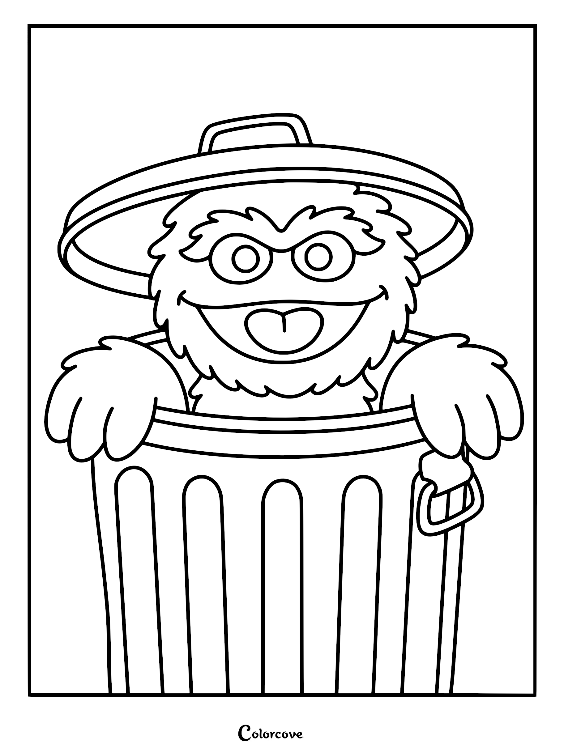 Oscar the Grouch peeking out of his metal trash can with the lid raised, a fun Sesame Street character line art coloring page.