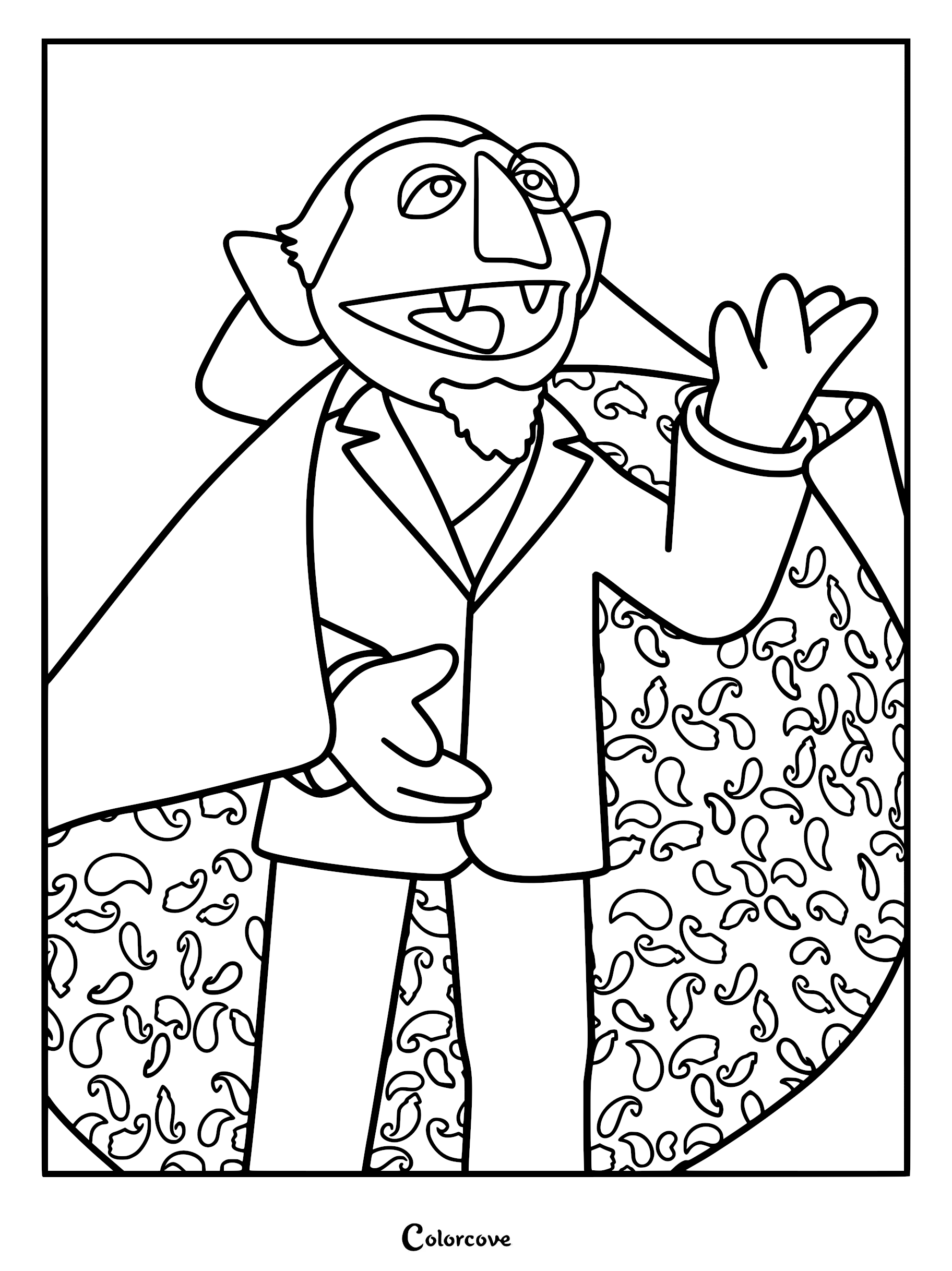 A printable coloring page featuring Count von Count from Sesame Street, wearing his signature monocle and a cape adorned with a repeating paisley pattern.
