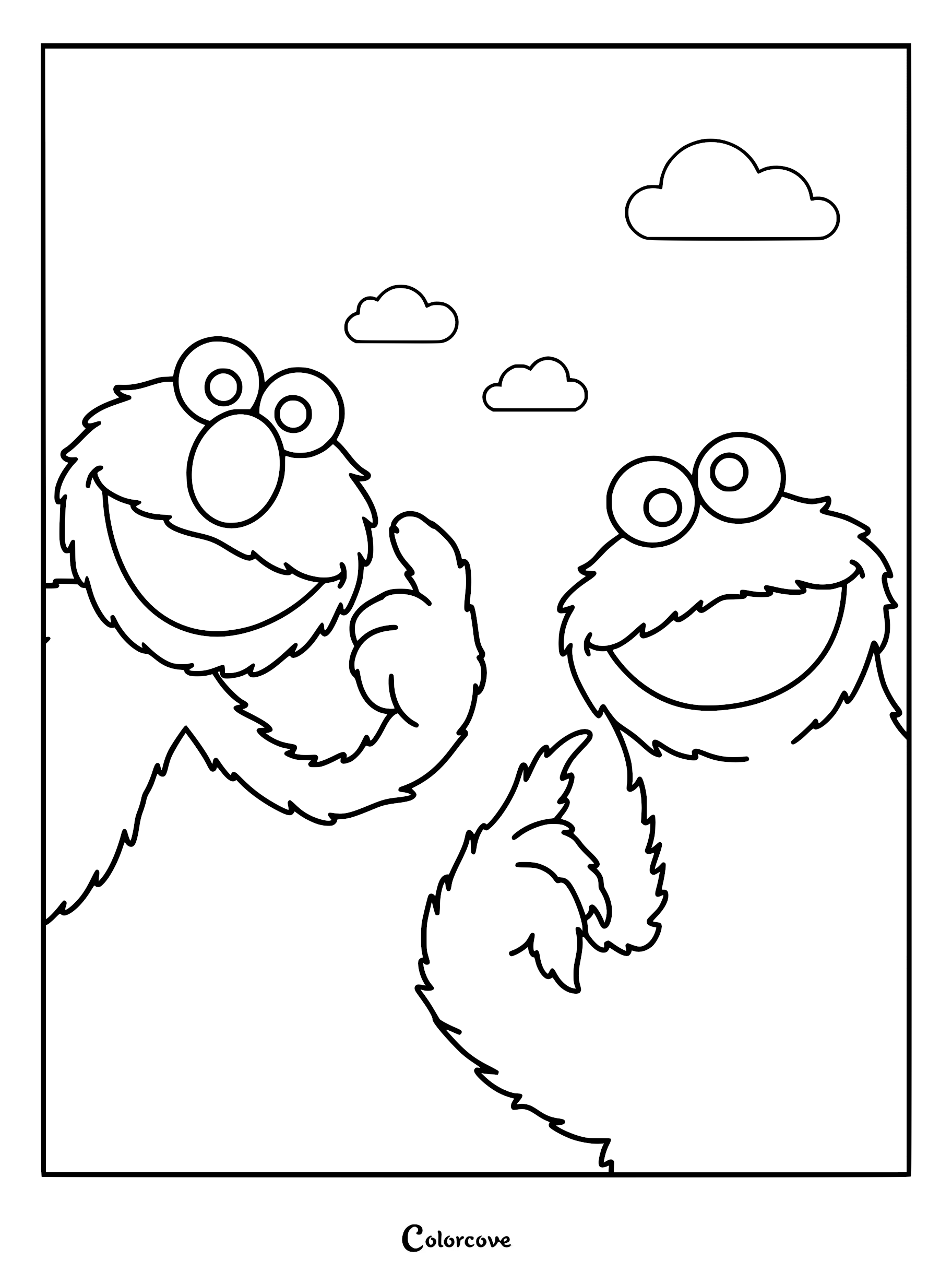 A printable coloring page featuring Elmo and Cookie Monster pointing upward toward fluffy clouds in a bright sky.