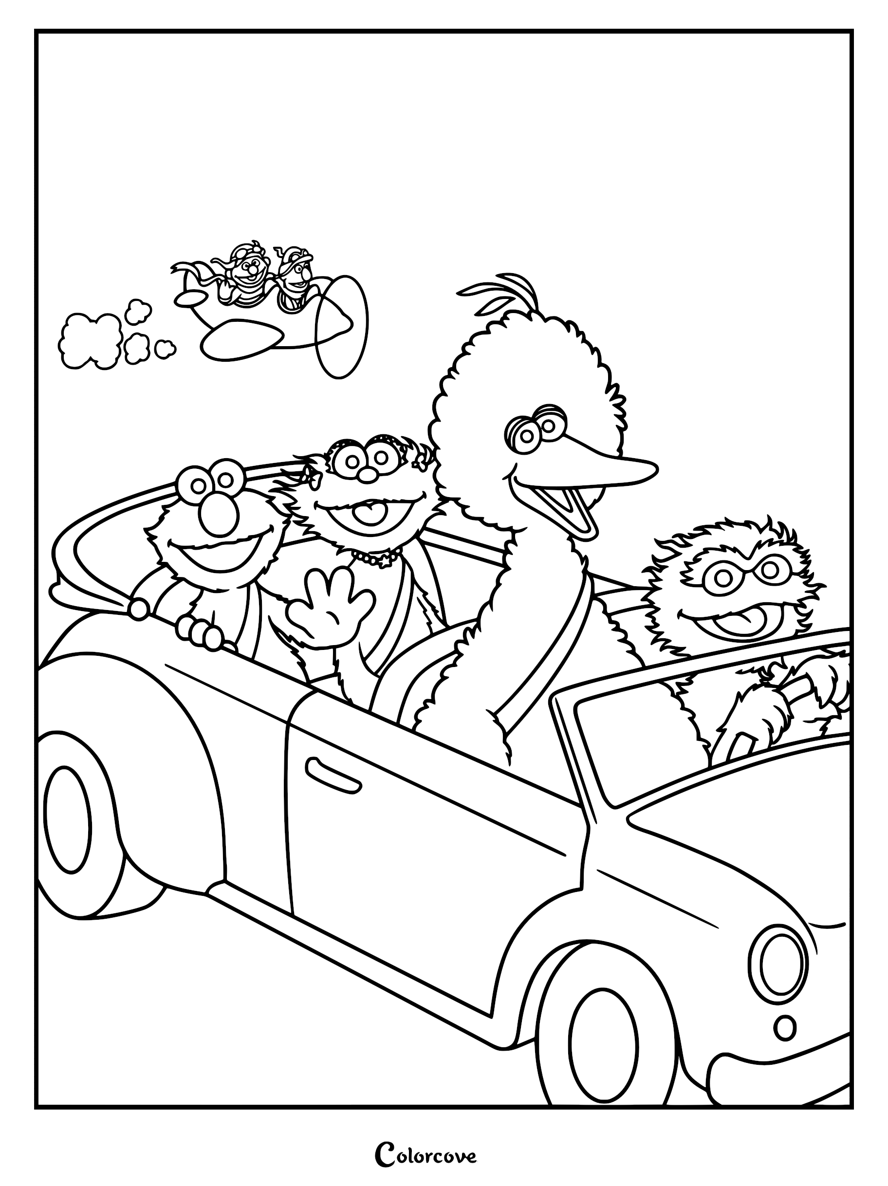 Elmo, Zoe, Big Bird, and Grover riding in a convertible car on this Sesame Street coloring page while Bert and Ernie fly a plane overhead.