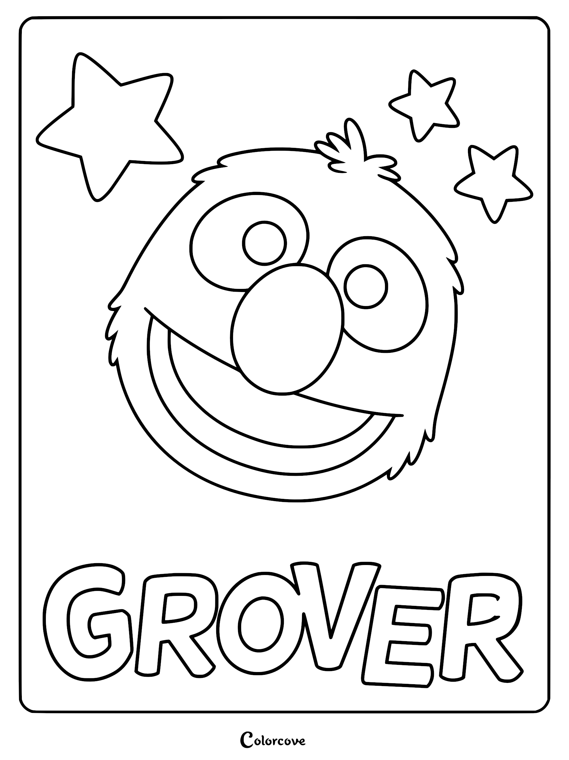 Close-up line art coloring page of Grover from Sesame Street with three stylized stars surrounding his head and the name Grover in large bold letters at the bottom.