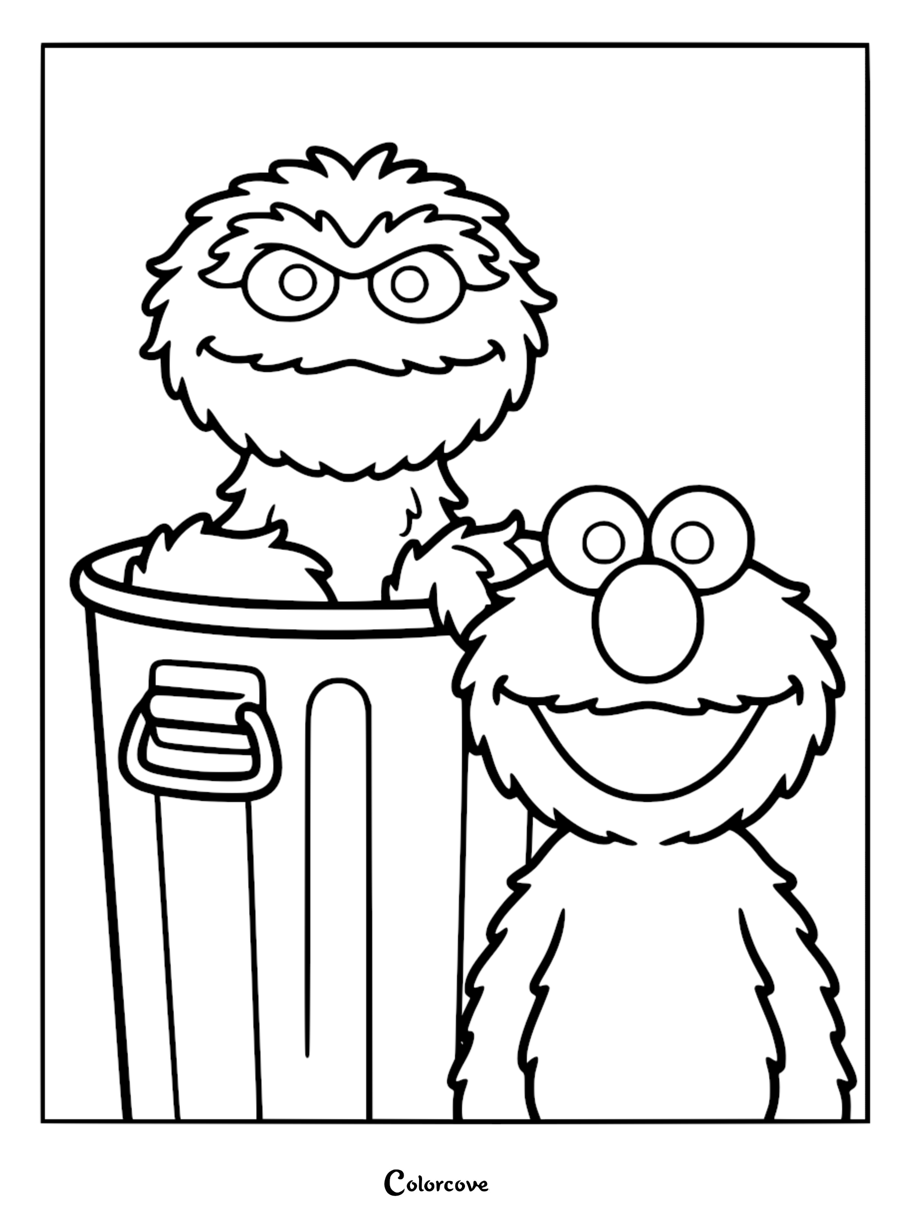 Oscar the Grouch inside his metal trash can standing next to a smiling Elmo in this Sesame Street line art coloring page.