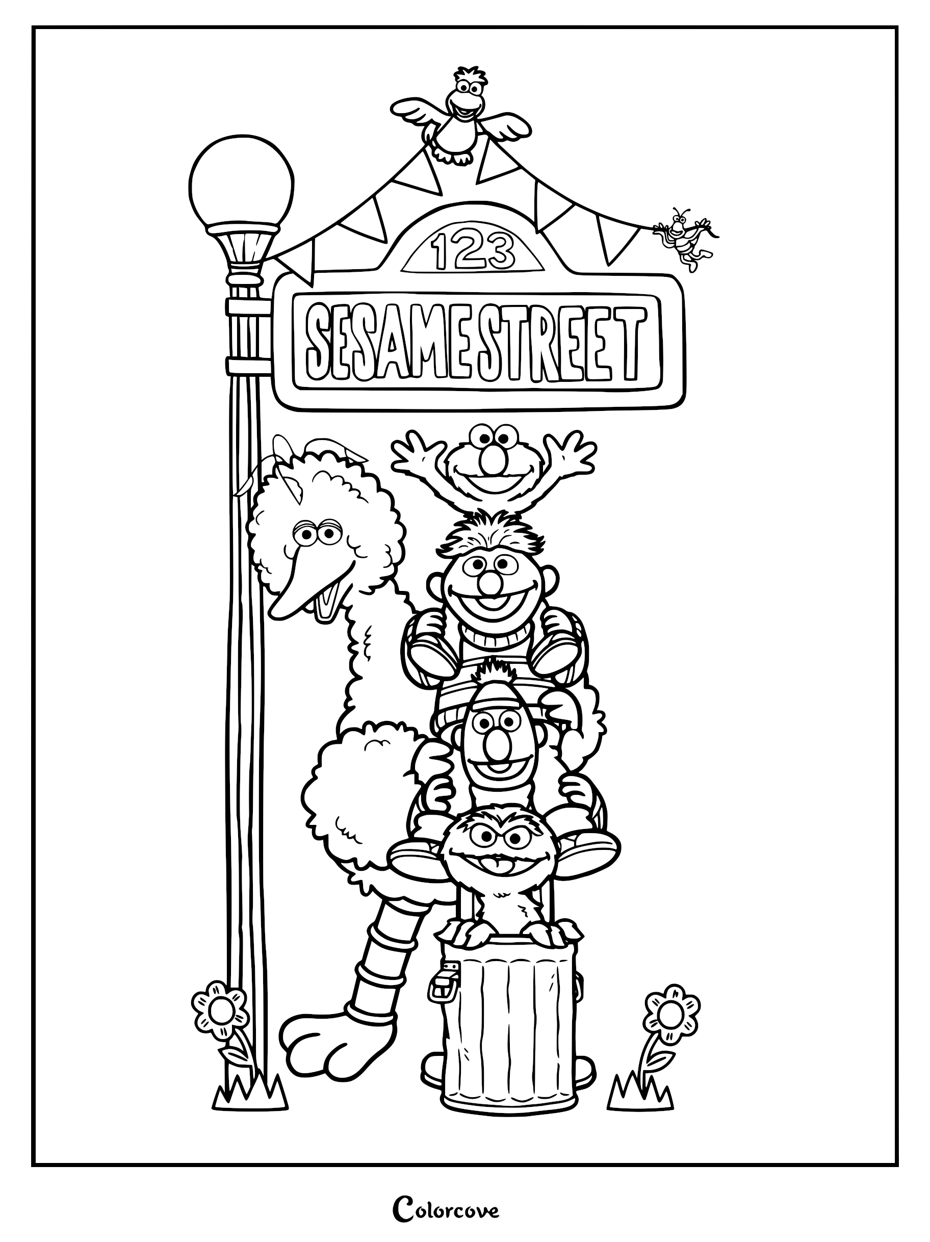 A printable coloring page featuring Big Bird, Elmo, Bert, Ernie, and Oscar the Grouch stacked near the Sesame Street 123 sign.