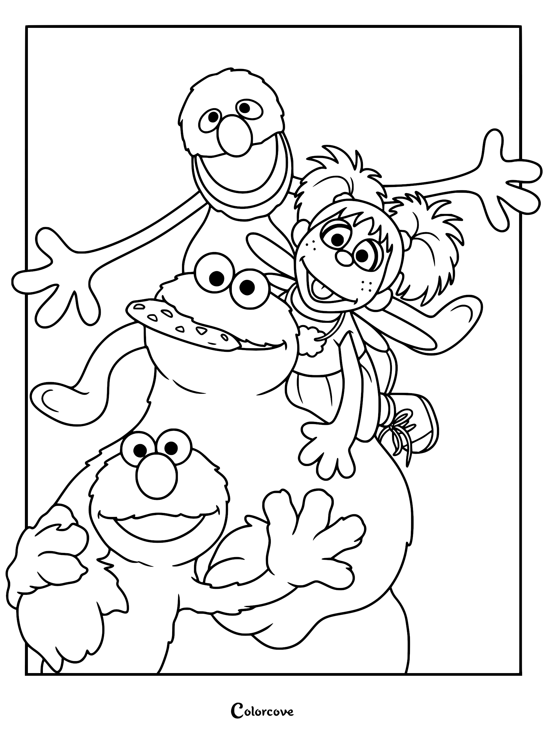 A printable coloring page featuring Elmo, Cookie Monster with a cookie, Zoe, and Grover stacked together in a happy group pose.