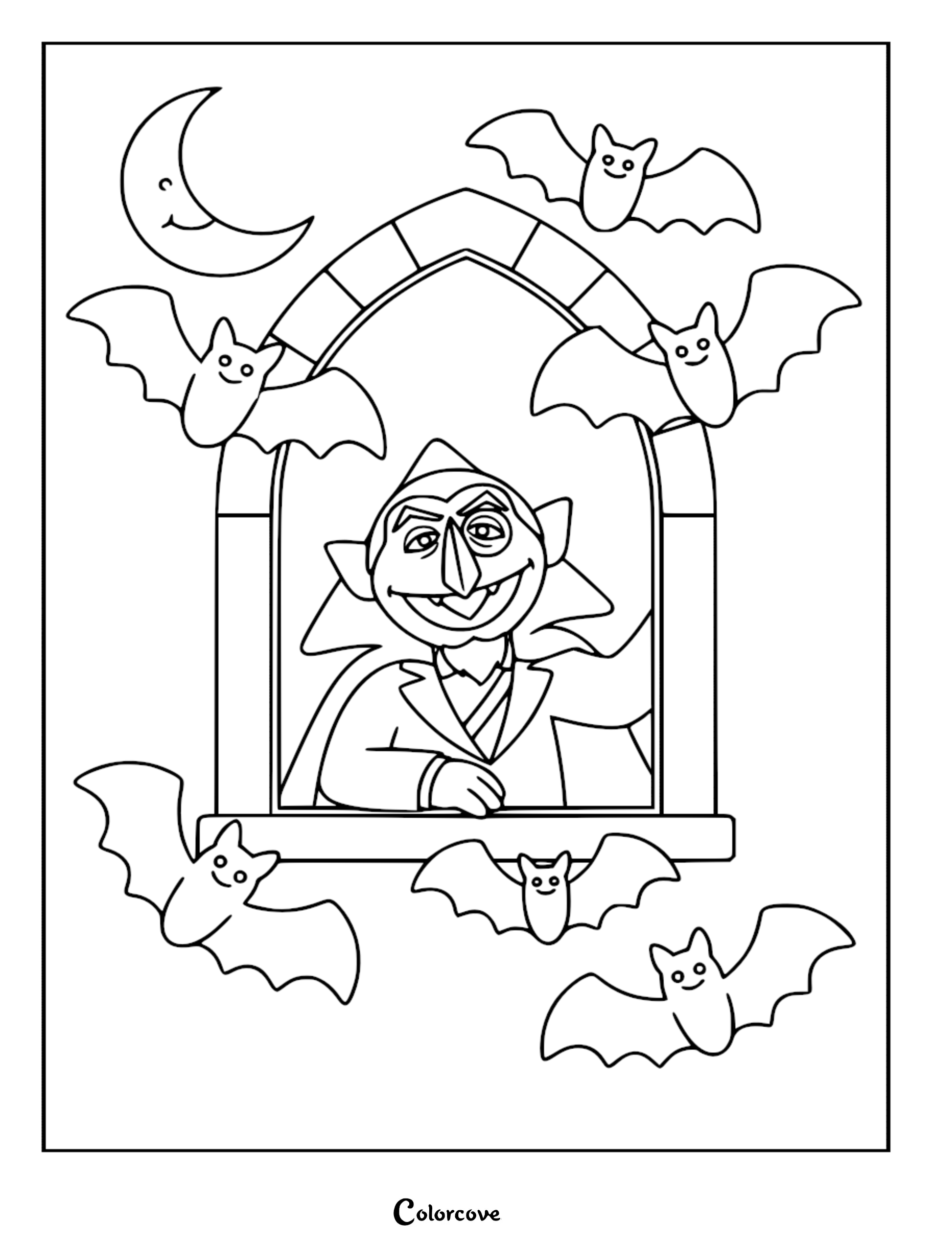 Count von Count looking out of an arched castle window surrounded by five flying bats and a crescent moon in this Halloween-themed Sesame Street coloring page.
