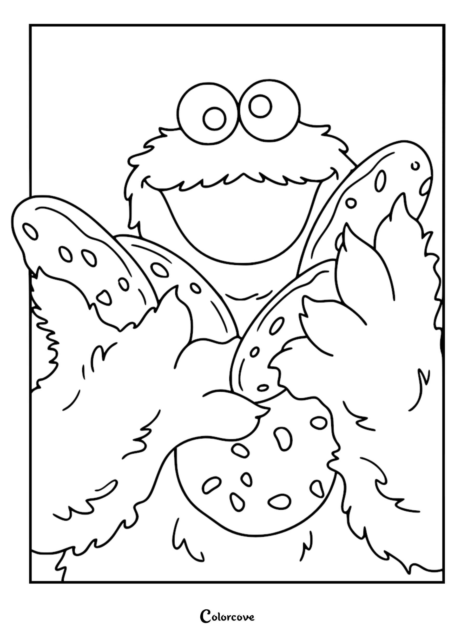 Close-up line art coloring page of Cookie Monster holding and eating multiple large chocolate chip cookies.