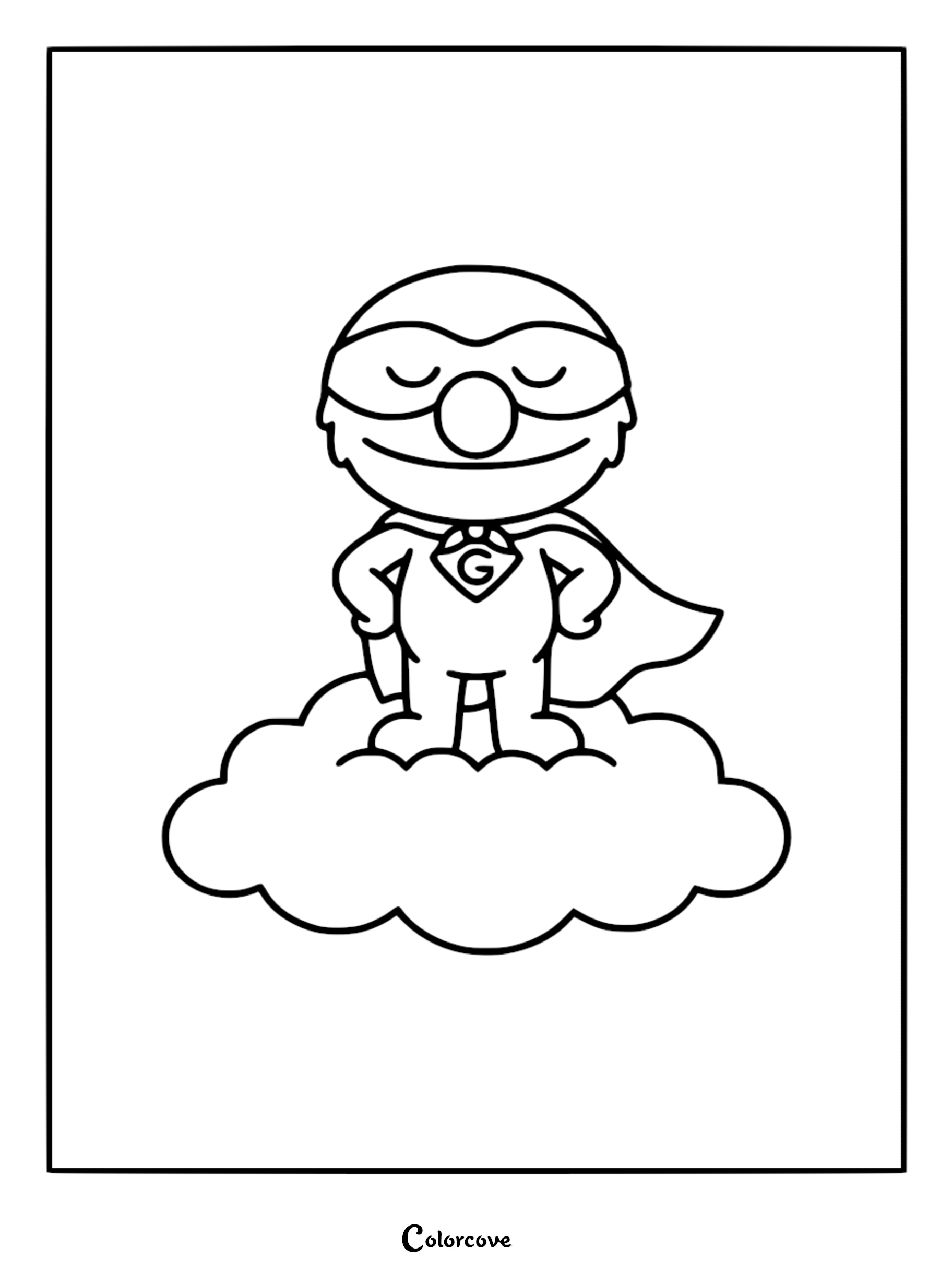 A printable coloring page of Super Grover wearing a cape with a G emblem and a superhero mask, standing atop a fluffy cloud.