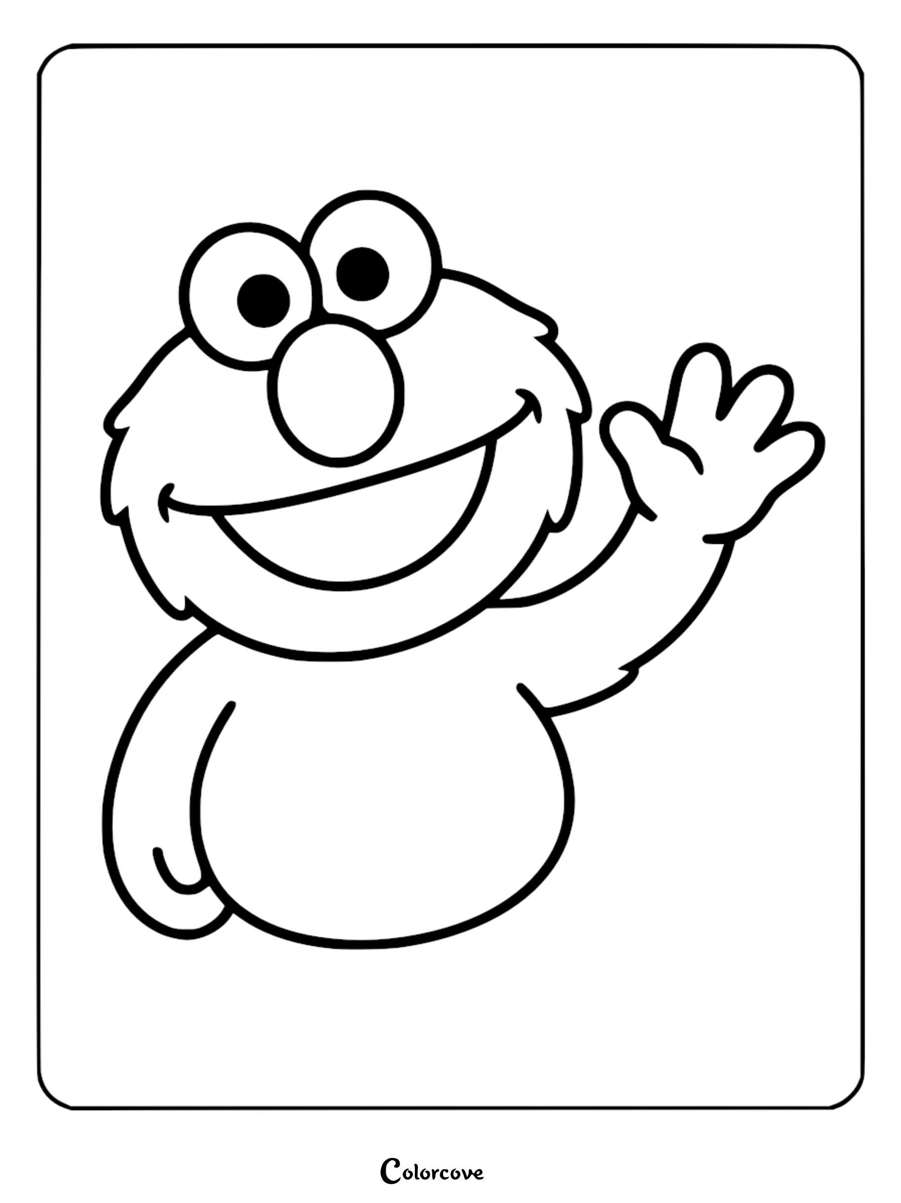 A simple black and white coloring page featuring Elmo from Sesame Street waving his hand with a big friendly smile.
